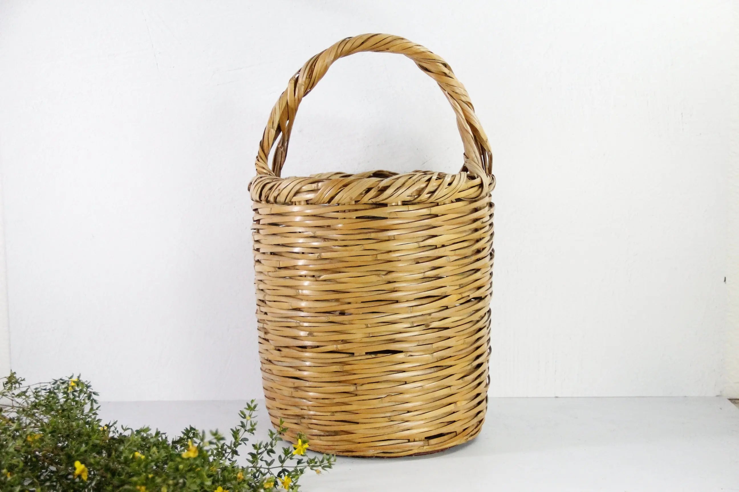 Vintage Basket with Handle | 1970s Large Split Bamboo Cane  Debra Hall Lifestyle