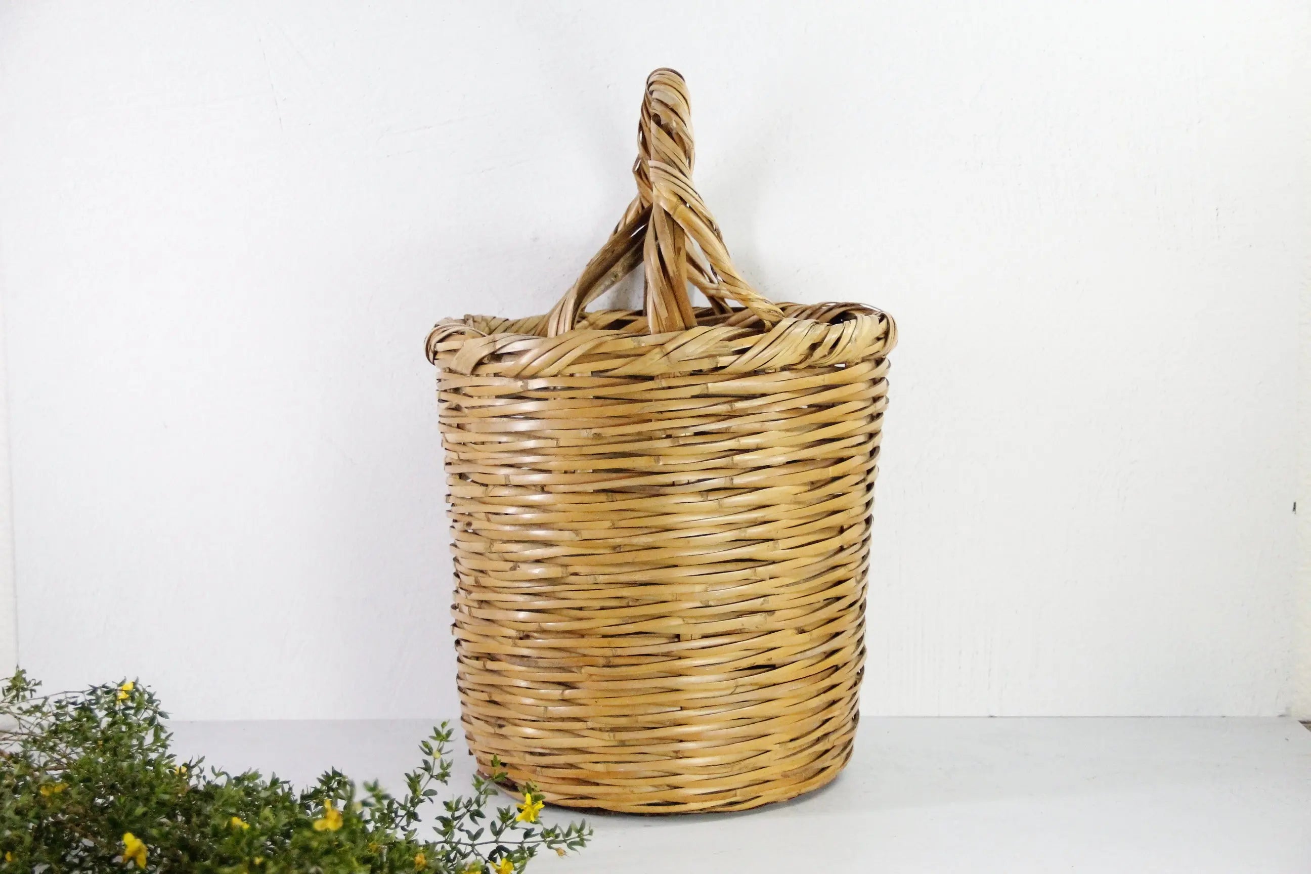 Vintage Basket with Handle | 1970s Large Split Bamboo Cane  Debra Hall Lifestyle
