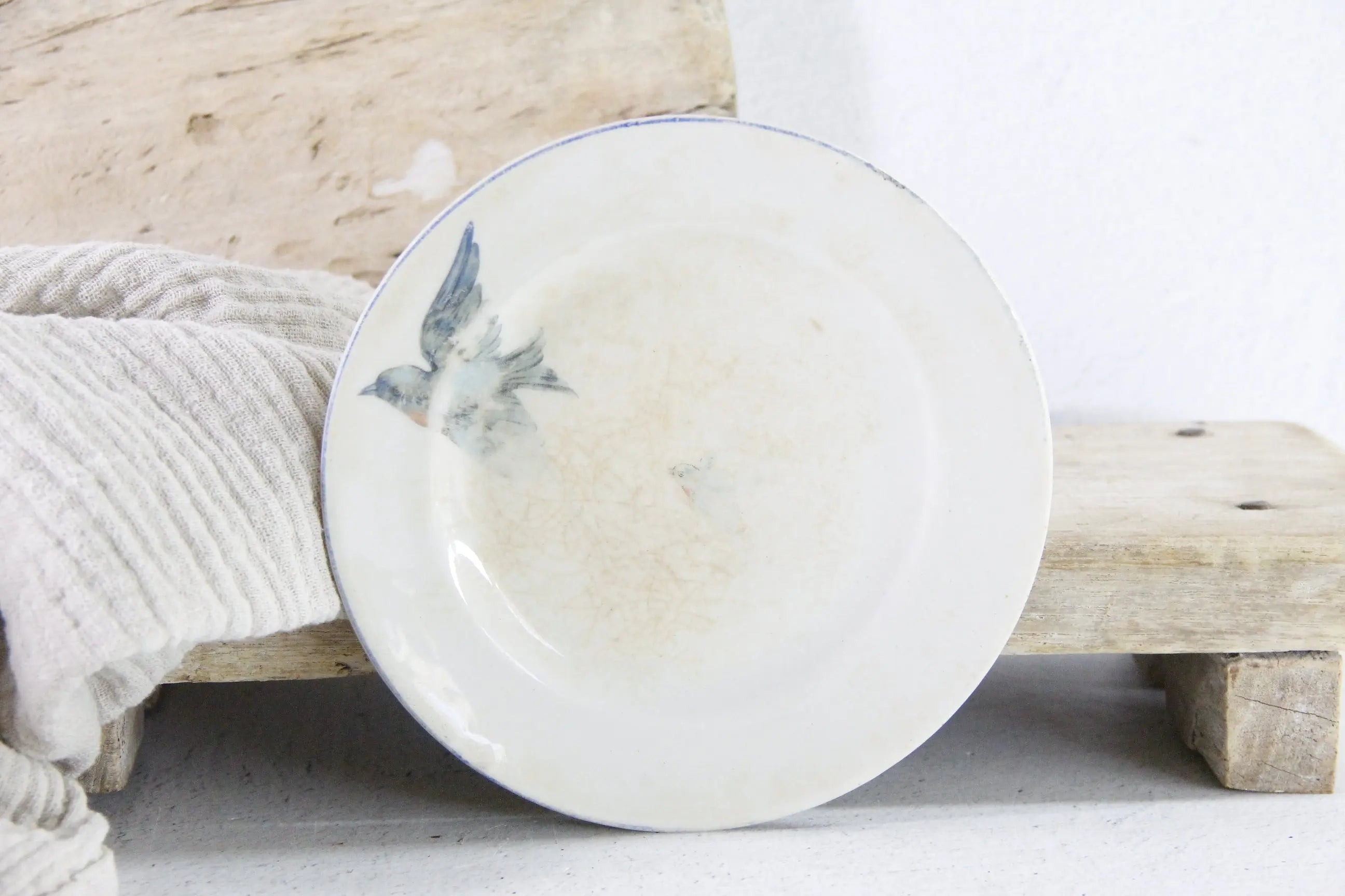 Vintage Bluebird Ironstone Plate | Crazed Pale Blue