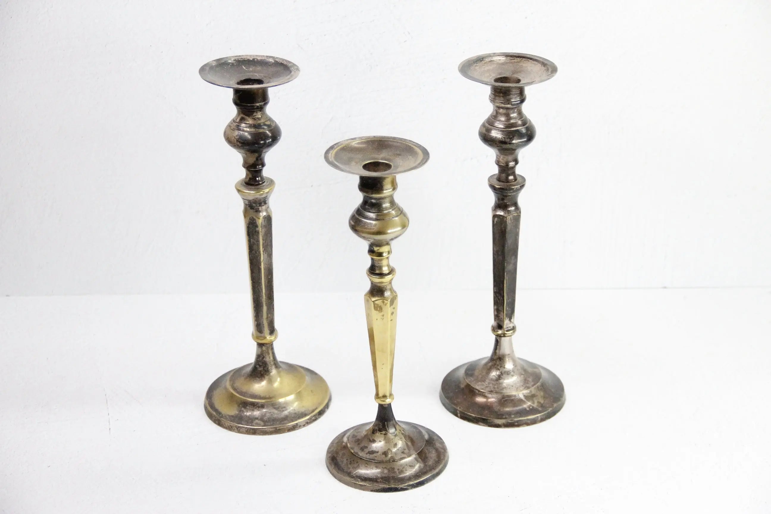 Vintage Brass Candlesticks | Silver Trio-Patinated  Debra Hall Lifestyle