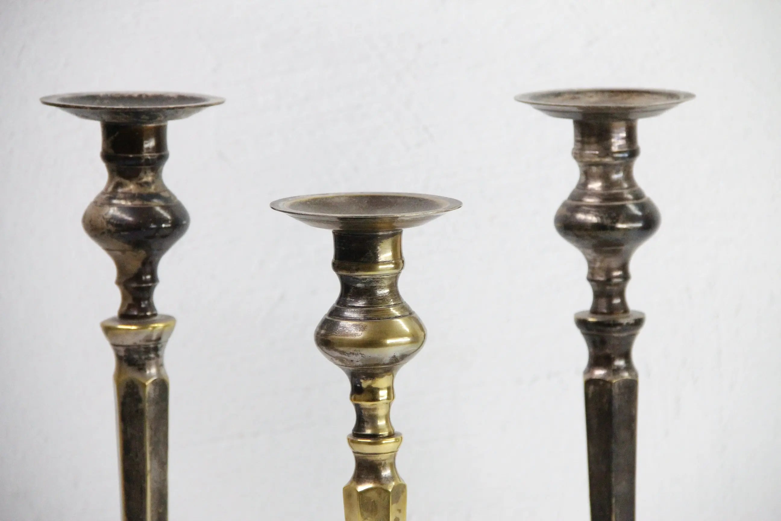 Vintage Brass Candlesticks | Silver Trio-Patinated  Debra Hall Lifestyle