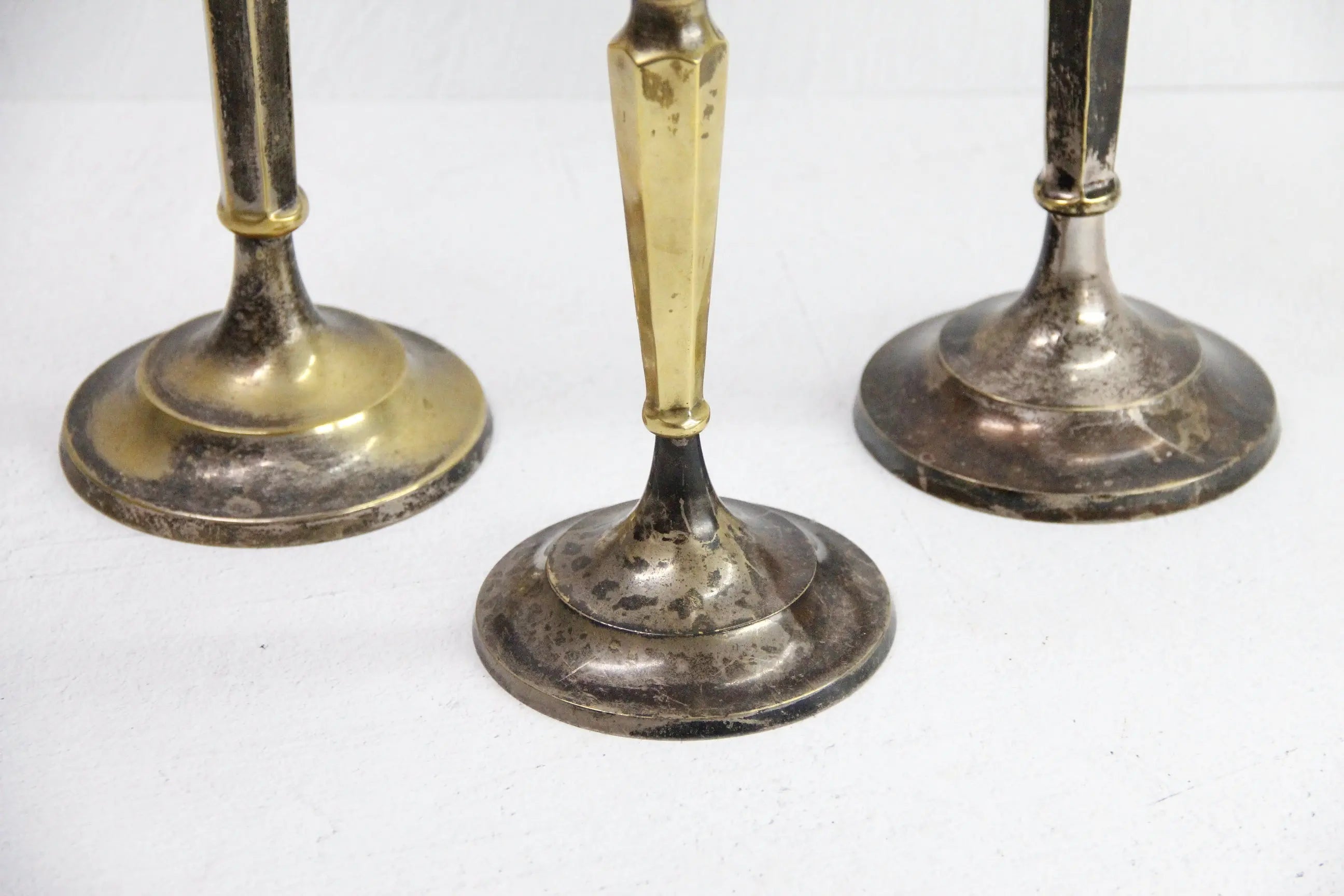 Vintage Brass Candlesticks | Silver Trio-Patinated  Debra Hall Lifestyle
