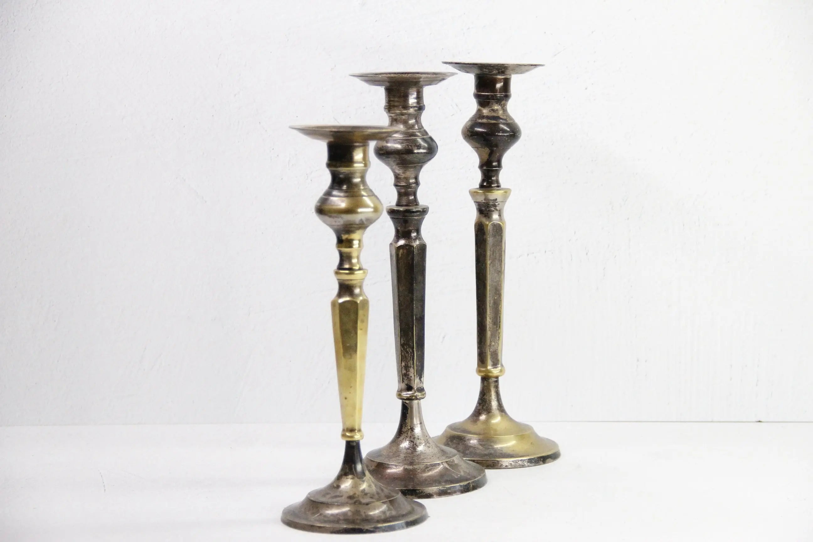 Vintage Brass Candlesticks | Silver Trio-Patinated  Debra Hall Lifestyle