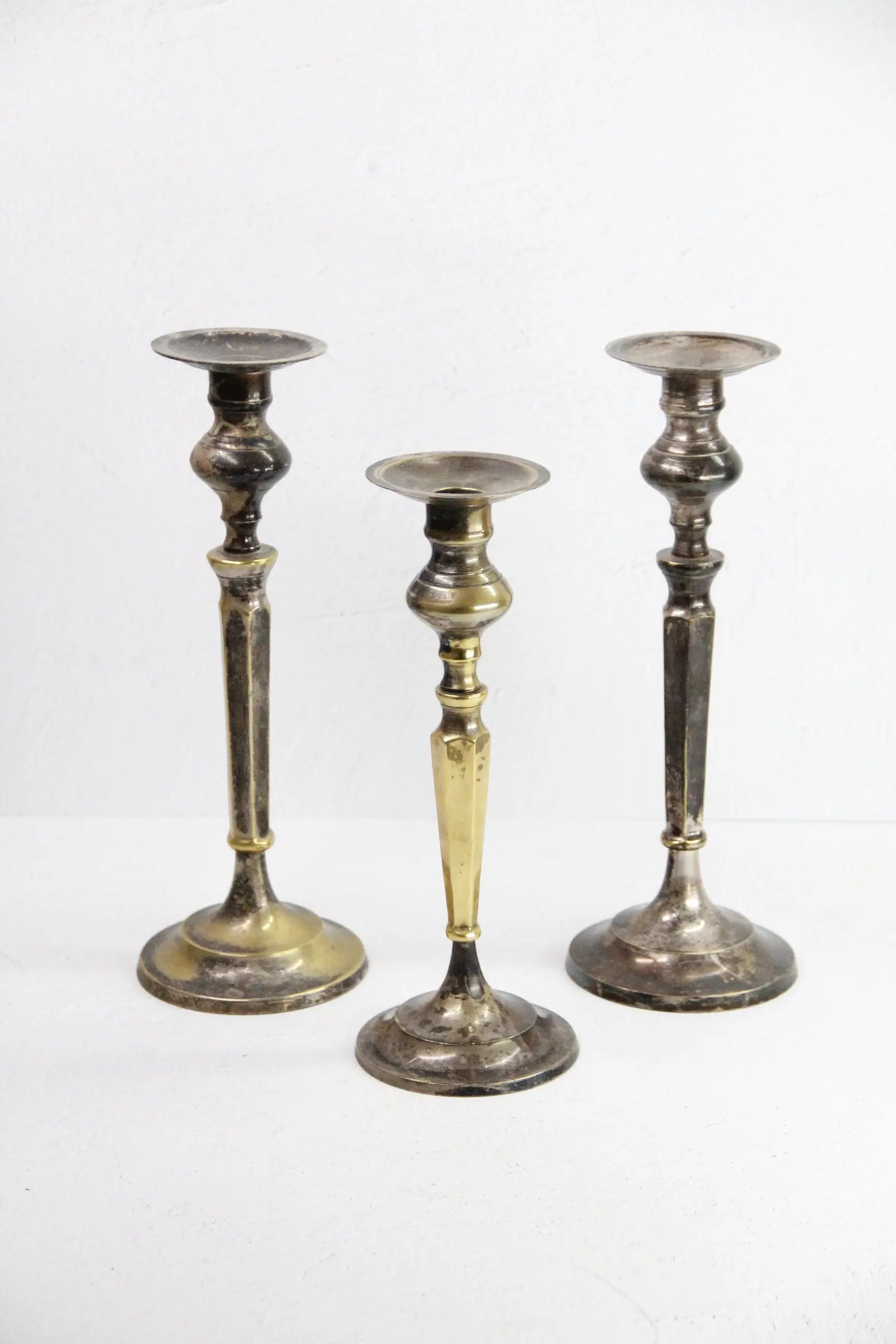 Vintage Brass Candlesticks | Silver Trio-Patinated  Debra Hall Lifestyle