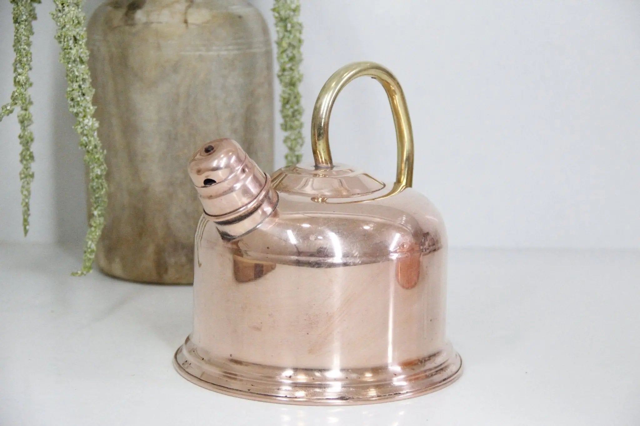 Vintage Copper Tea Kettle Brass Details Portugal