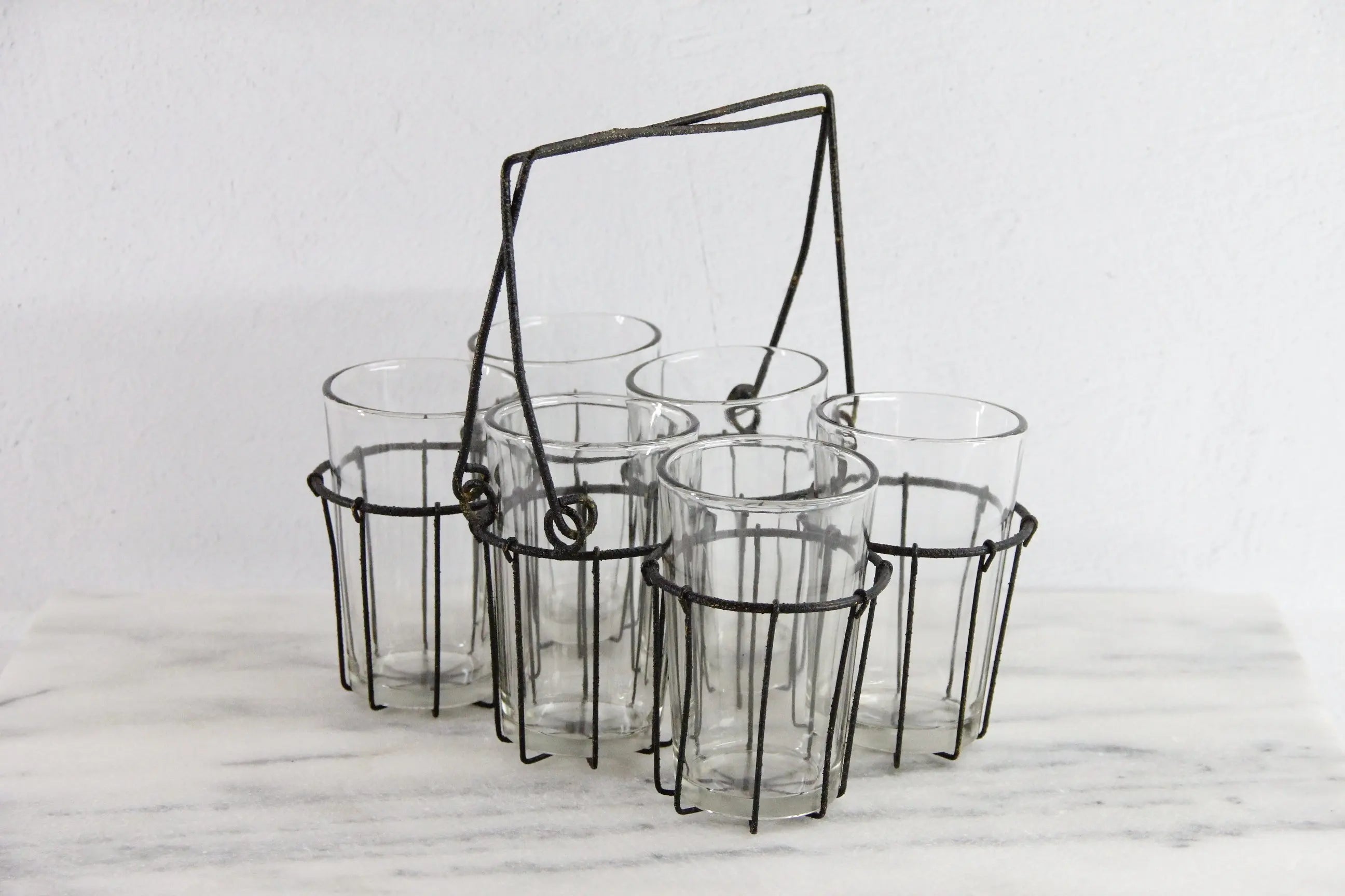 Vintage Drinking Glass Caddy with Glasses | Metal Carrier