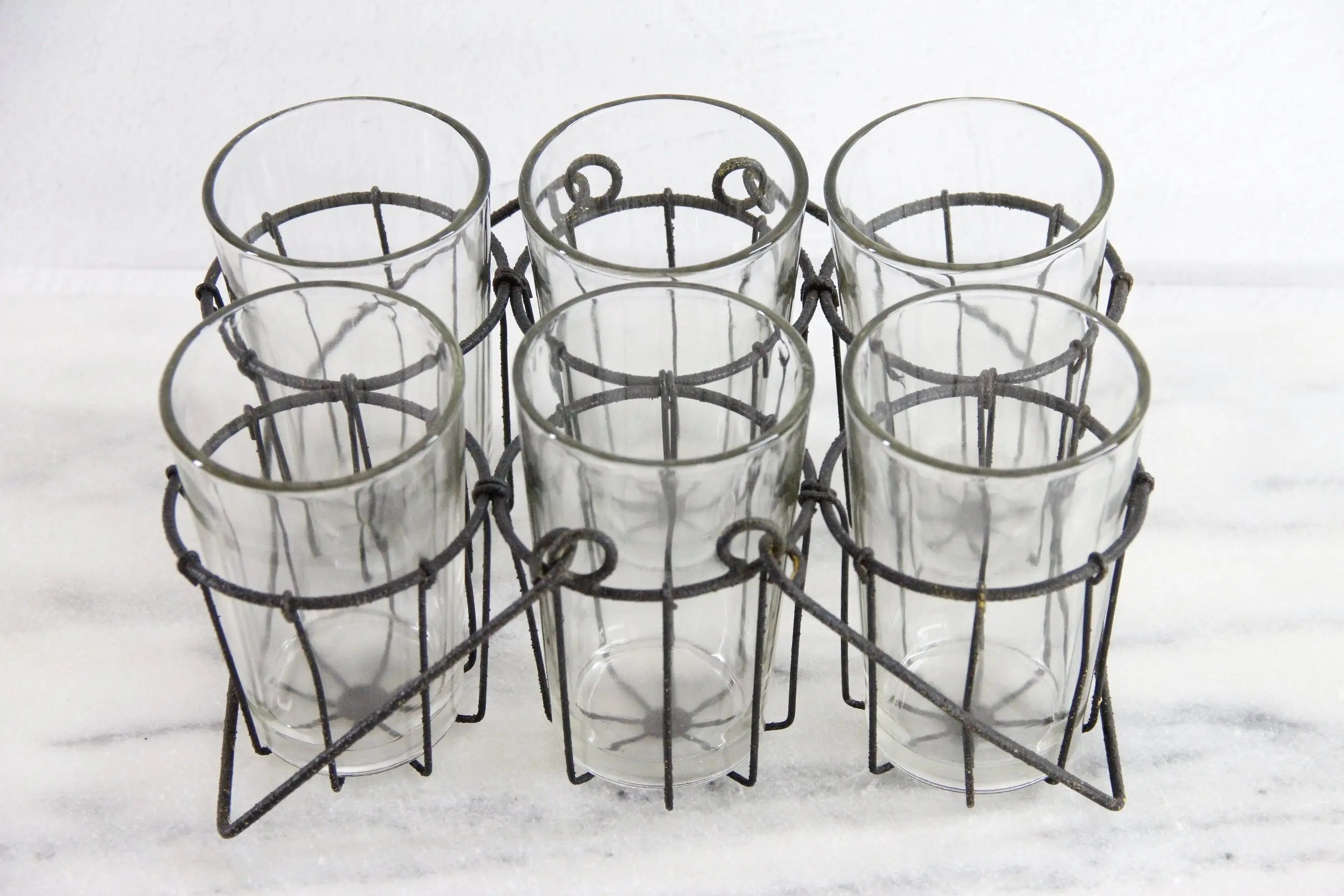 Vintage Drinking Glass Caddy with Glasses | Metal Carrier