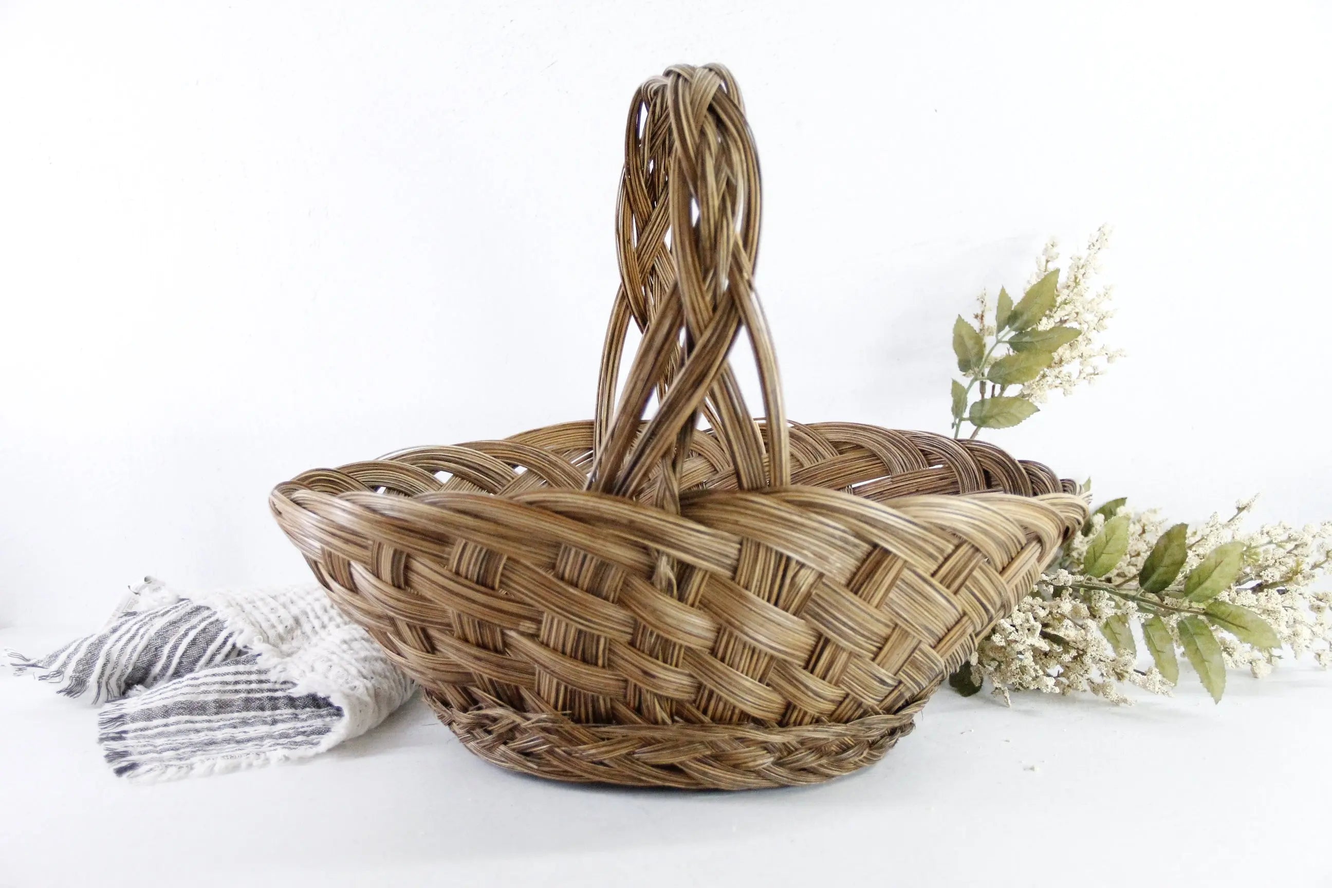 Vintage Flower Basket | Woven Wicker Gathering With Handle  Debra Hall Lifestyle