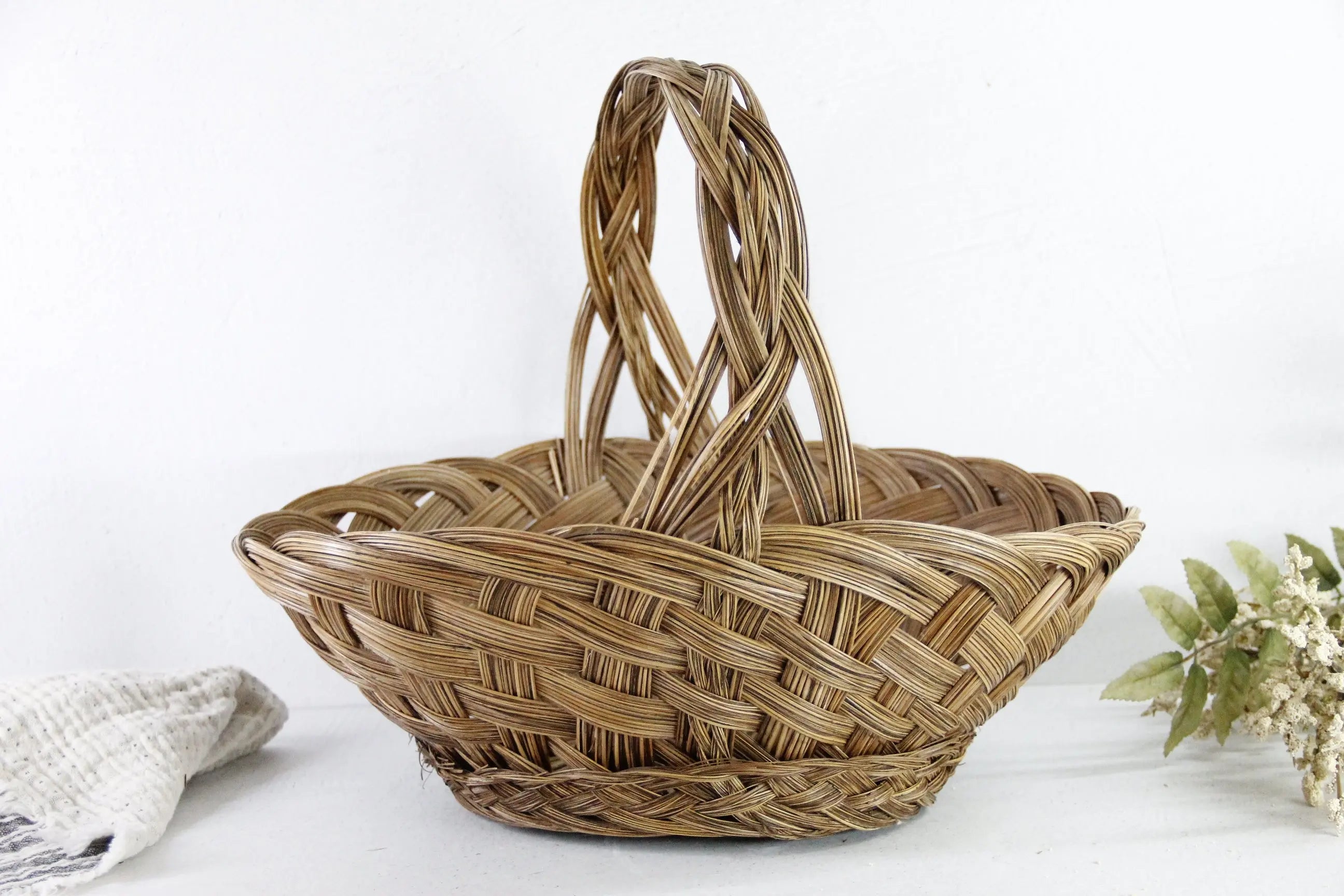 Vintage Flower Basket | Woven Wicker Gathering With Handle  Debra Hall Lifestyle