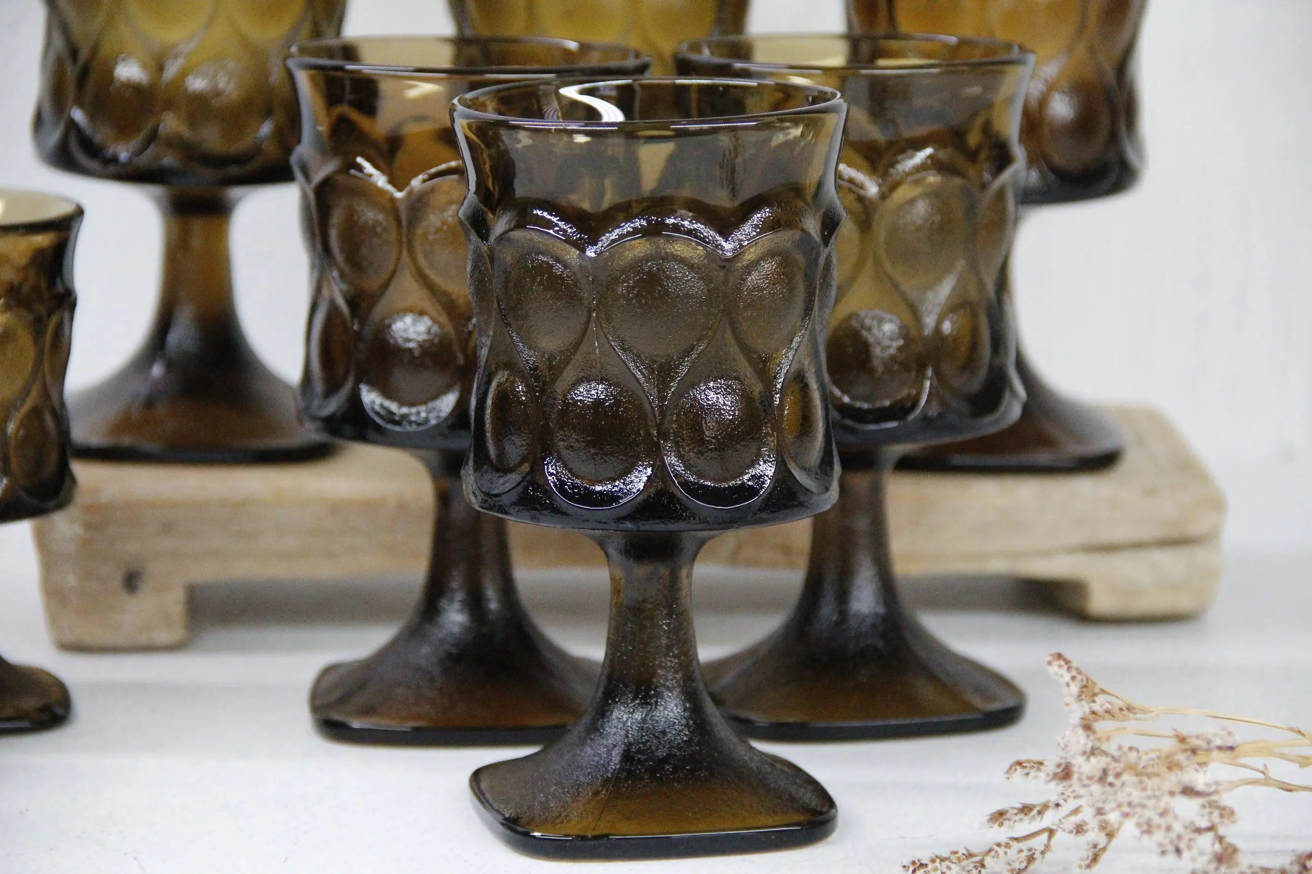 Vintage Glass Goblet Set-Walnut Brown Noritake MCM  Debra Hall Lifestyle