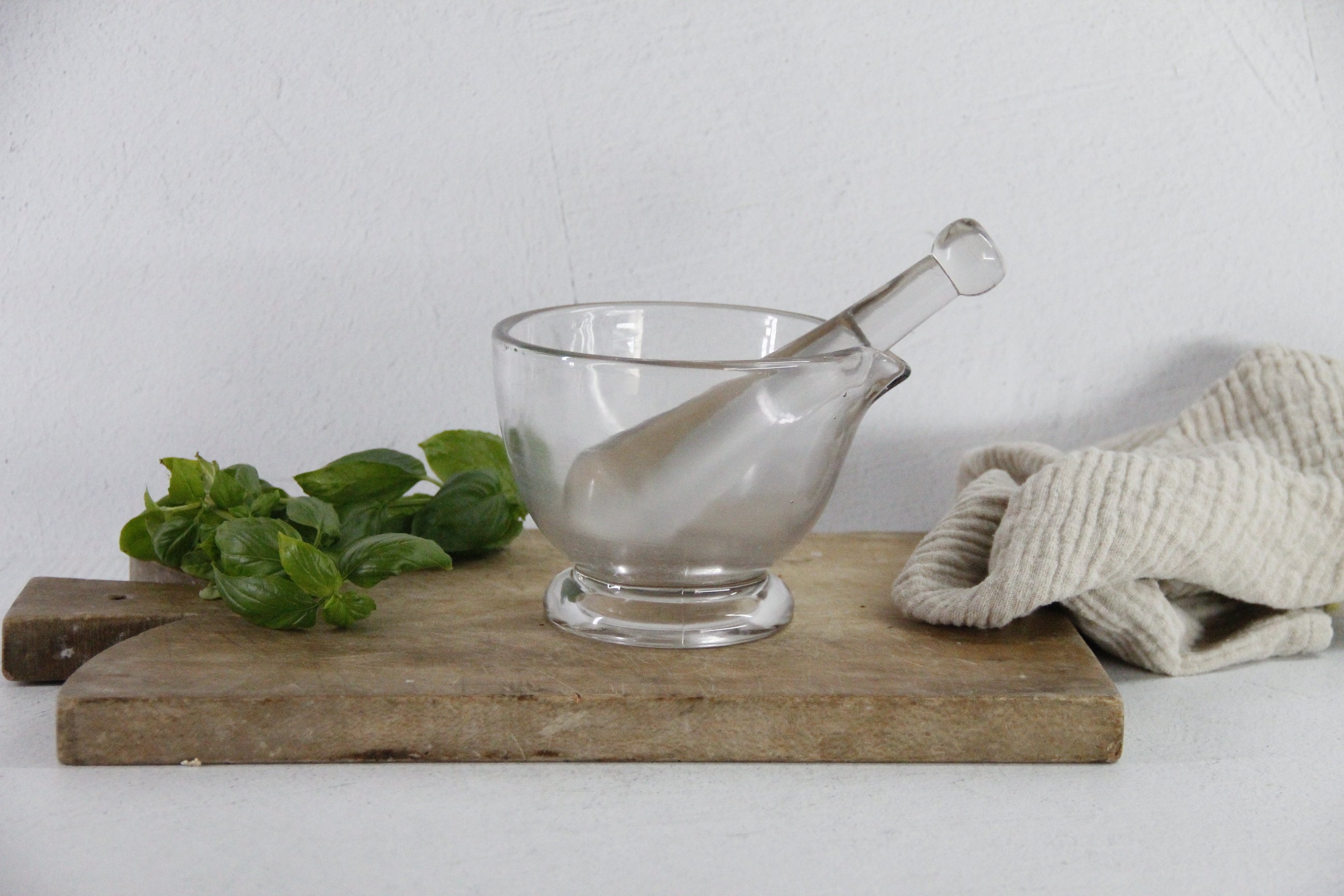 Vintage Glass Mortar and Pestle 16 OZ| Clear Bubbled Glass Set