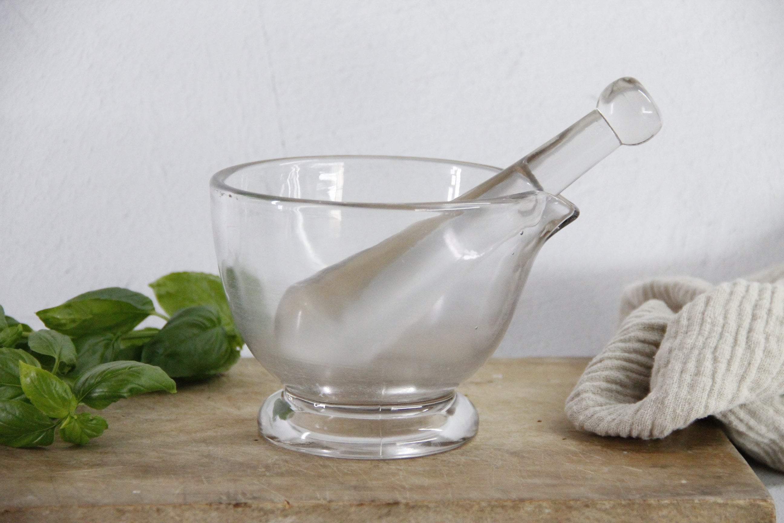 Vintage Glass Mortar and Pestle 16 OZ| Clear Bubbled Glass Set