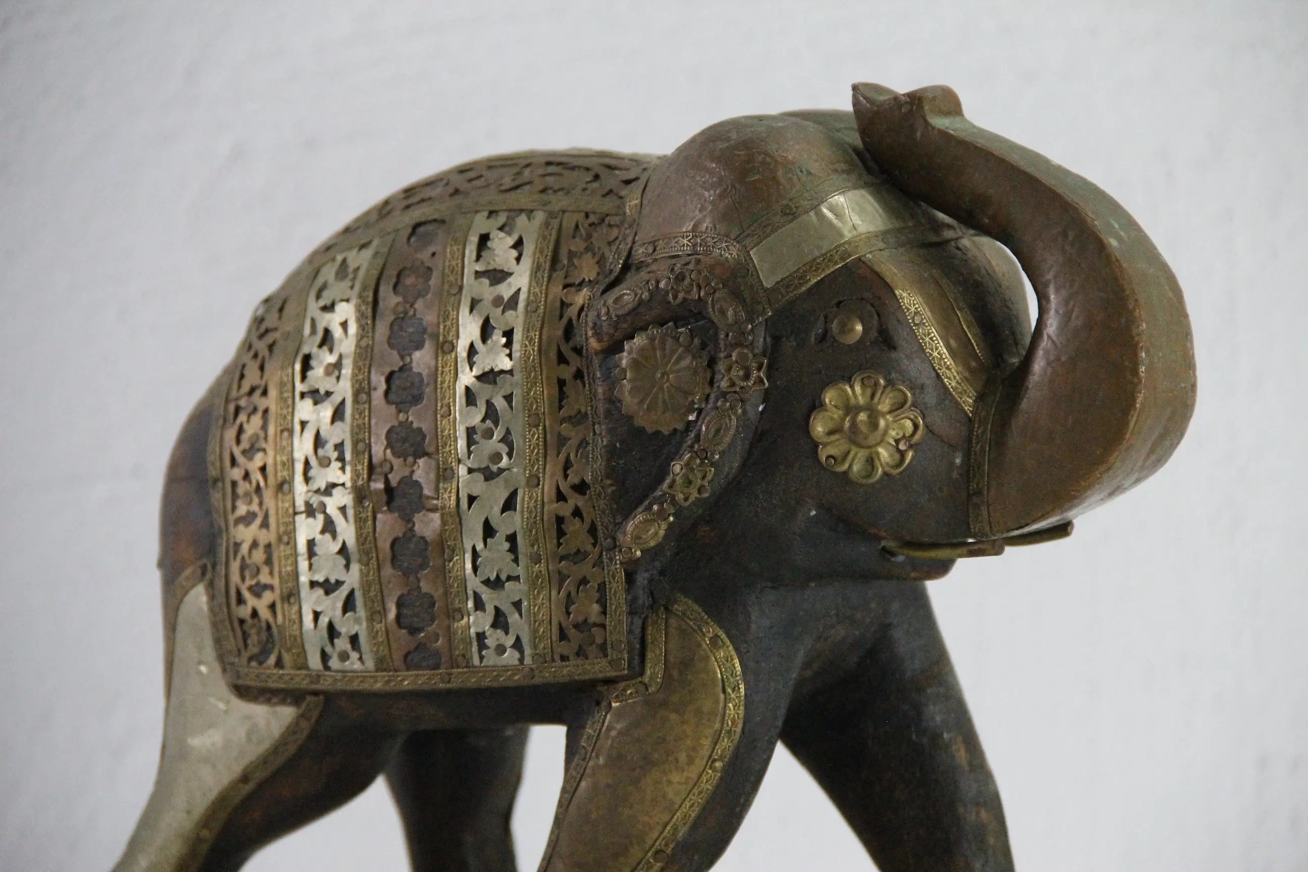 Vintage Hand Carved Wooden Elephant | Copper Brass Details  Debra Hall Lifestyle