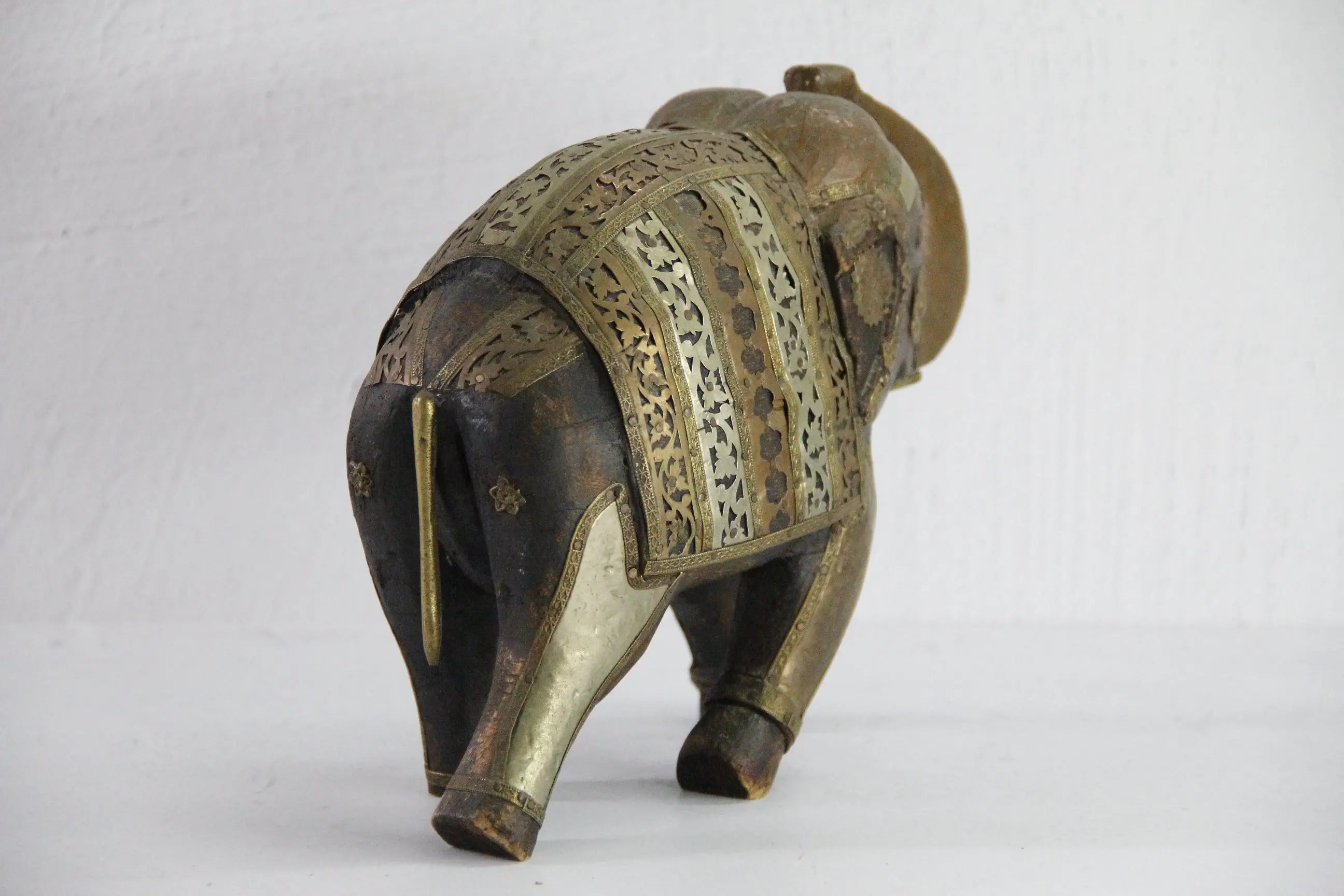 Vintage Hand Carved Wooden Elephant | Copper Brass Details  Debra Hall Lifestyle