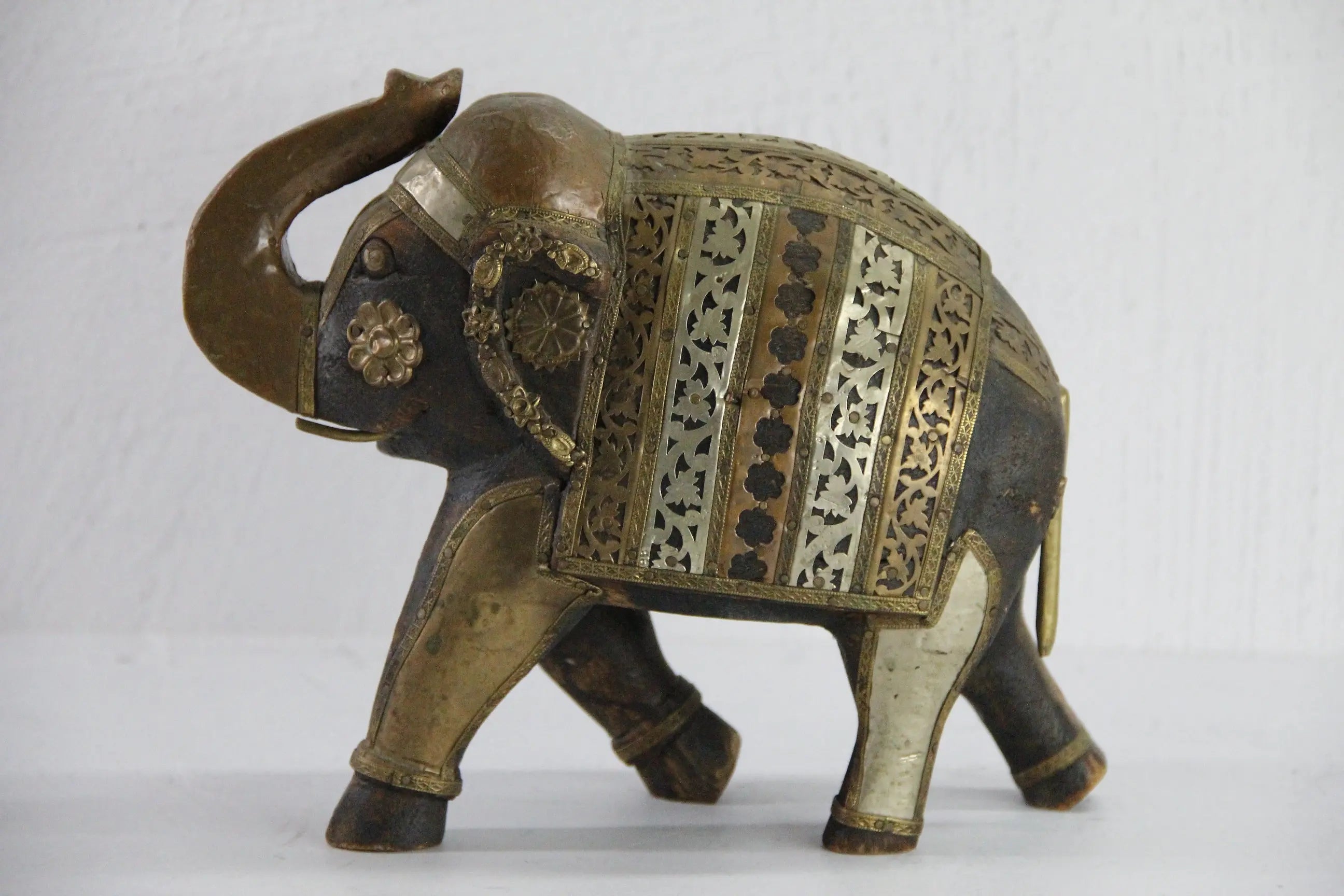 Vintage Hand Carved Wooden Elephant | Copper Brass Details  Debra Hall Lifestyle