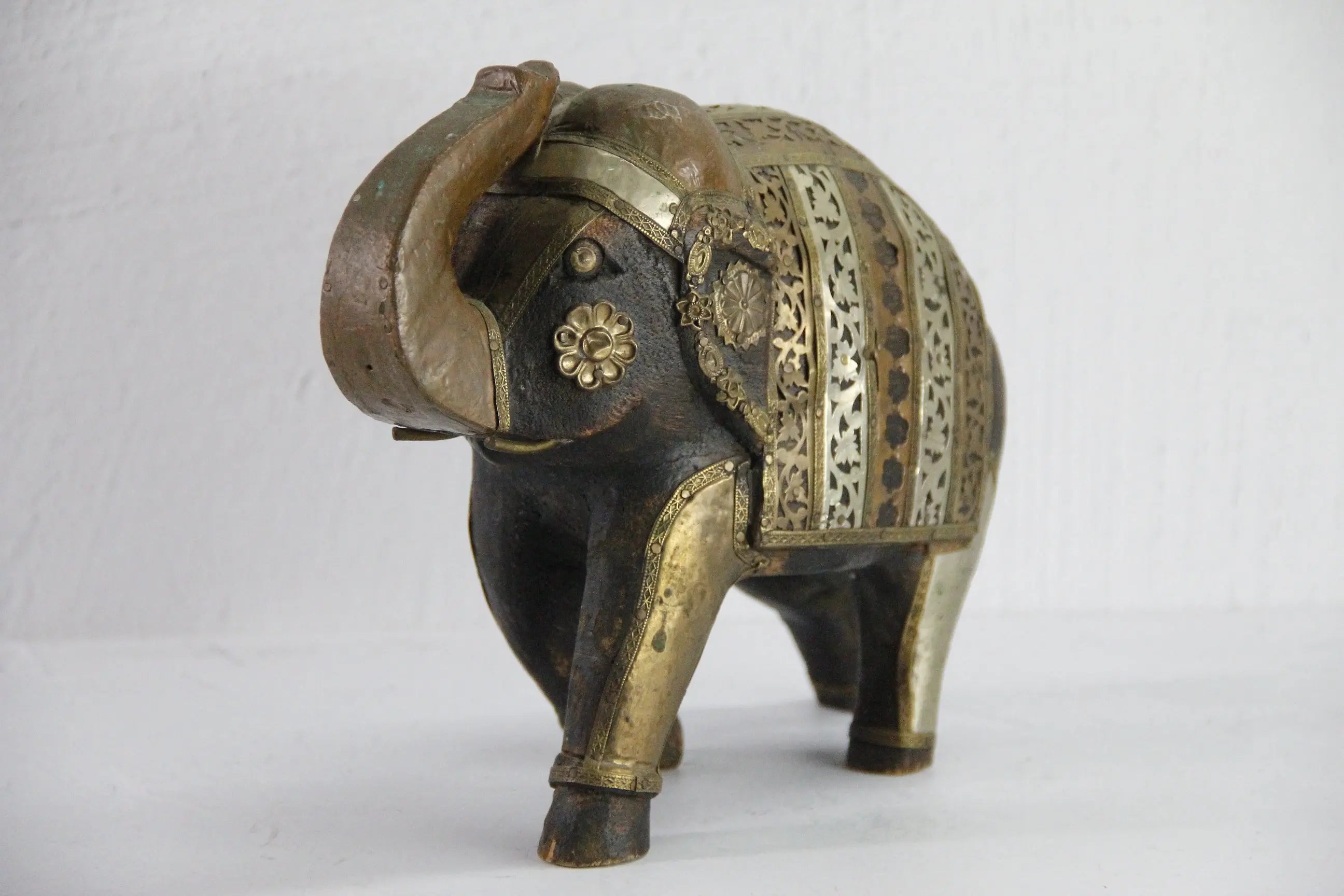 Vintage Hand Carved Wooden Elephant | Copper Brass Details  Debra Hall Lifestyle