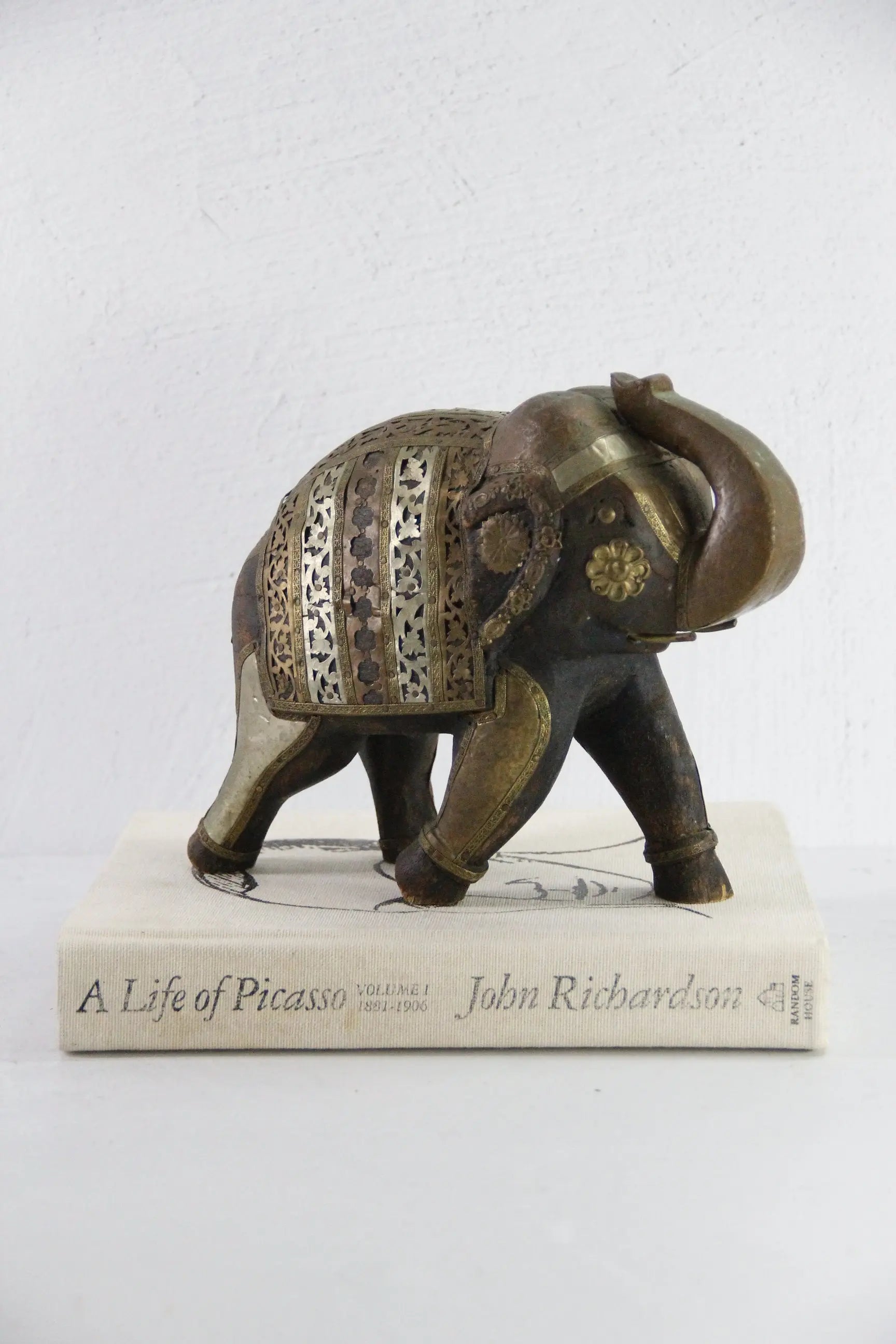 Vintage Hand Carved Wooden Elephant | Copper Brass Details  Debra Hall Lifestyle