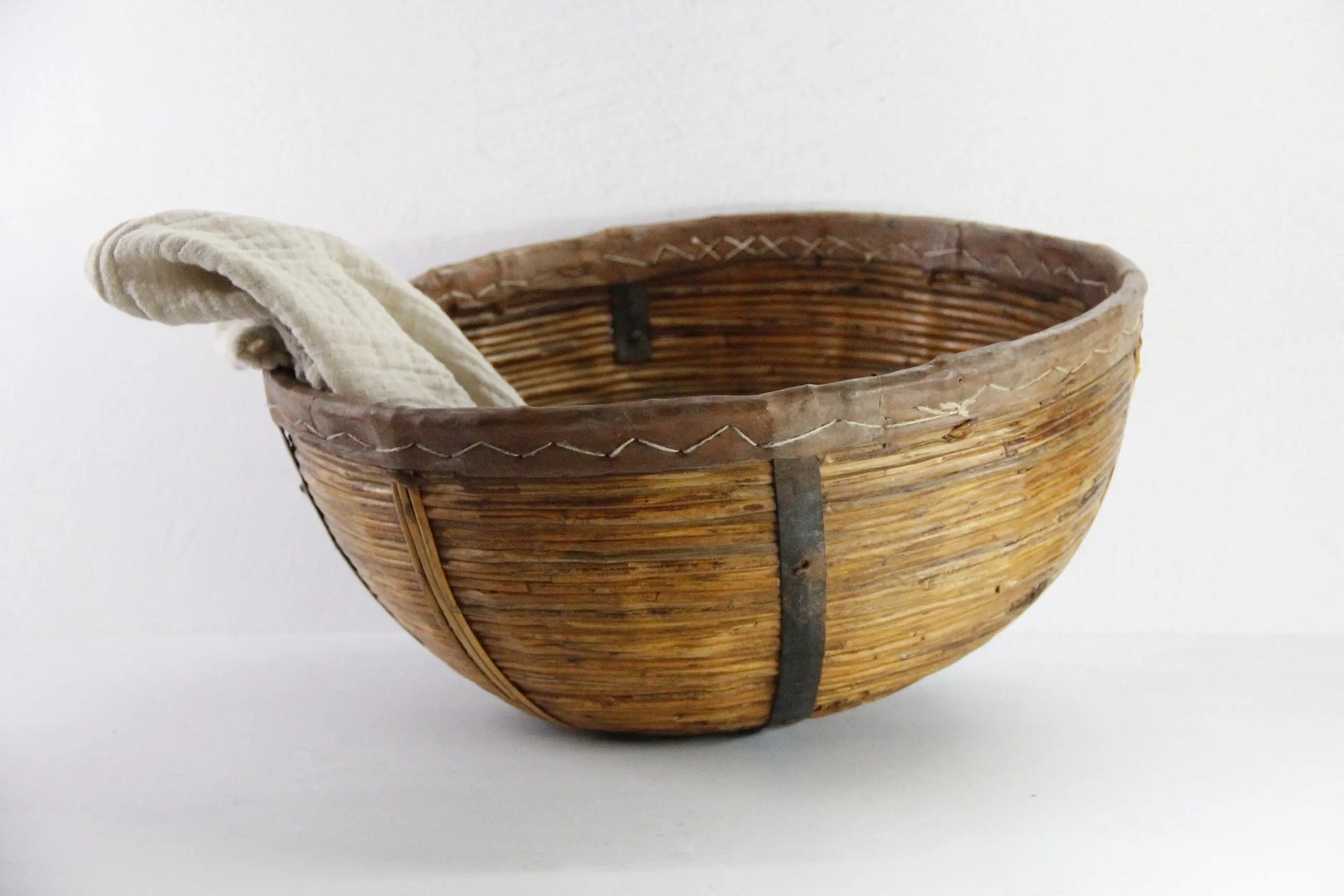 Vintage Harvest Basket India | Pencil Reed and Leather-Large  Debra Hall Lifestyle