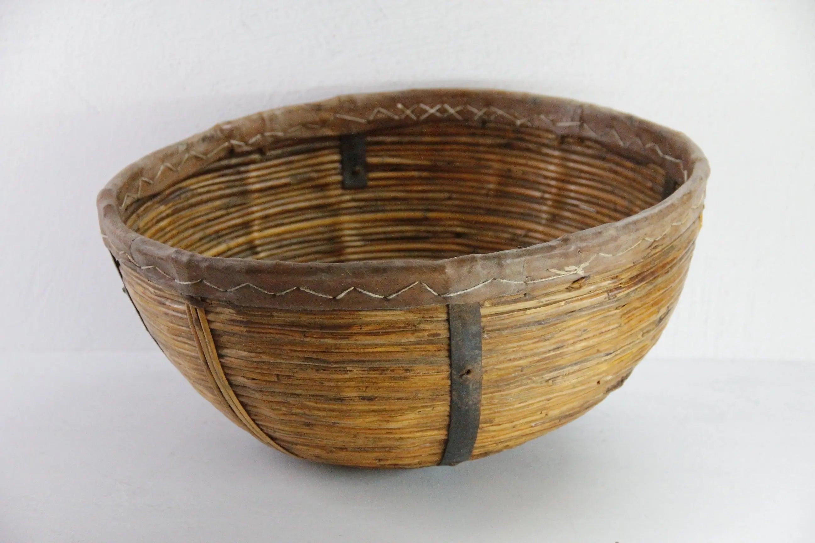 Vintage Harvest Basket India | Pencil Reed and Leather-Large  Debra Hall Lifestyle