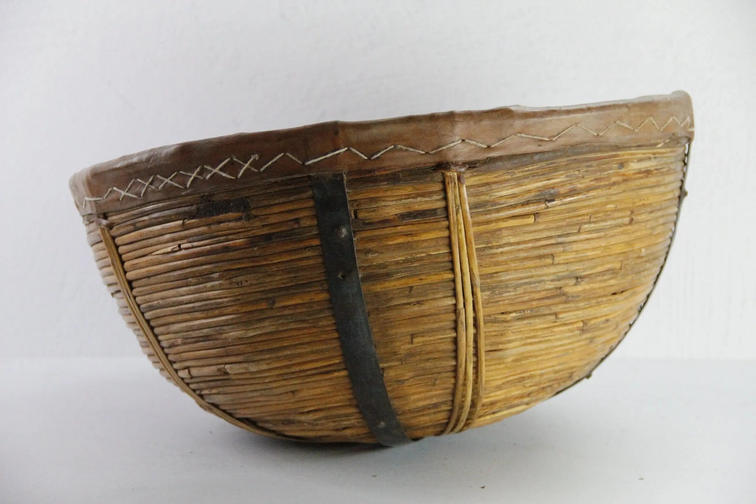 Vintage Harvest Basket India | Pencil Reed and Leather-Large  Debra Hall Lifestyle