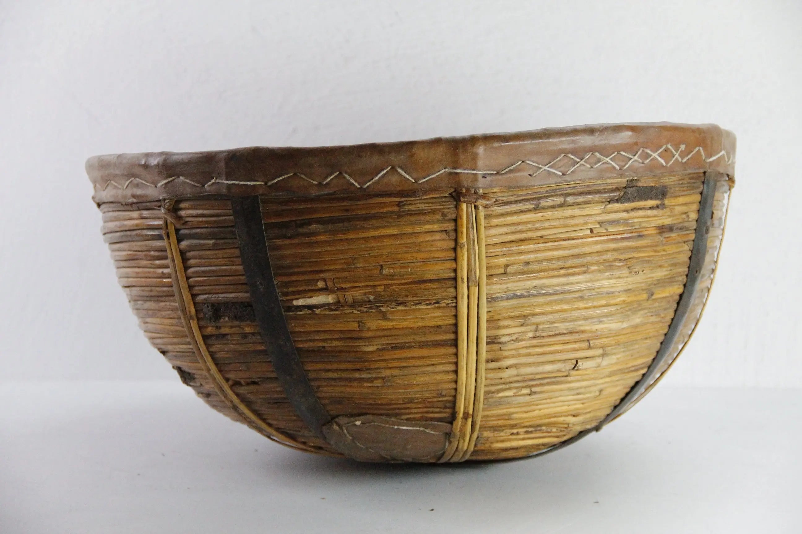 Vintage Harvest Basket India | Pencil Reed and Leather-Large  Debra Hall Lifestyle