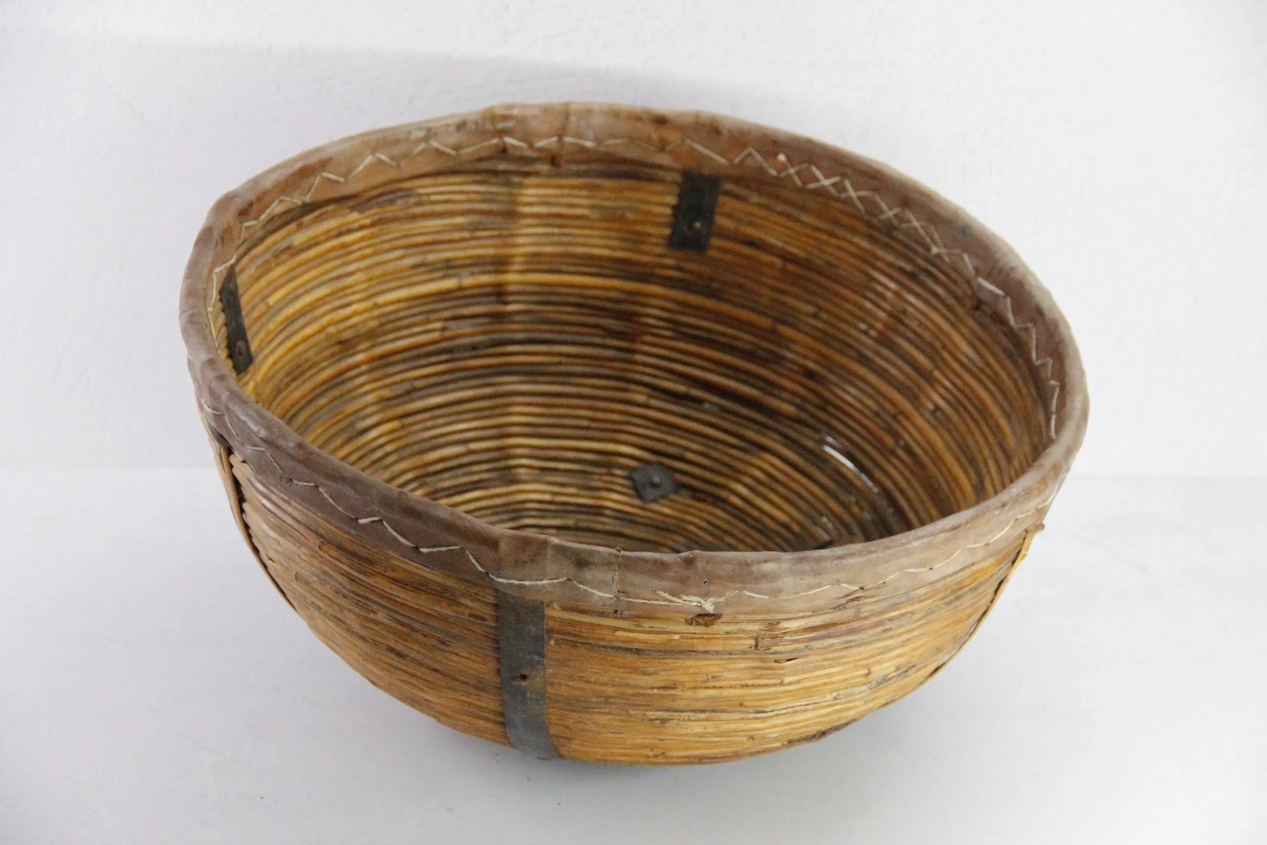 Vintage Harvest Basket India | Pencil Reed and Leather-Large  Debra Hall Lifestyle