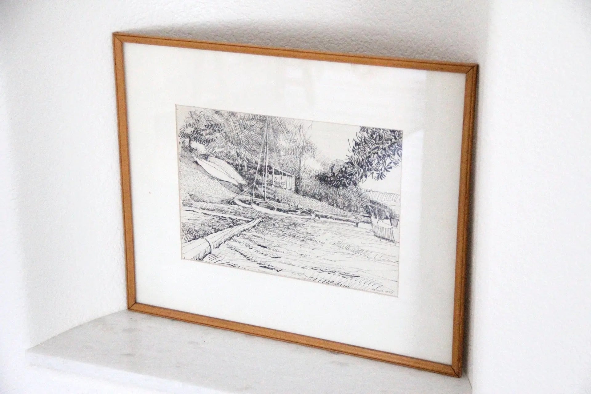 Vintage Original Ink Lakefront Landscape Framed | Signed & Dated 1979 | Wall Art  Debra Hall Lifestyle