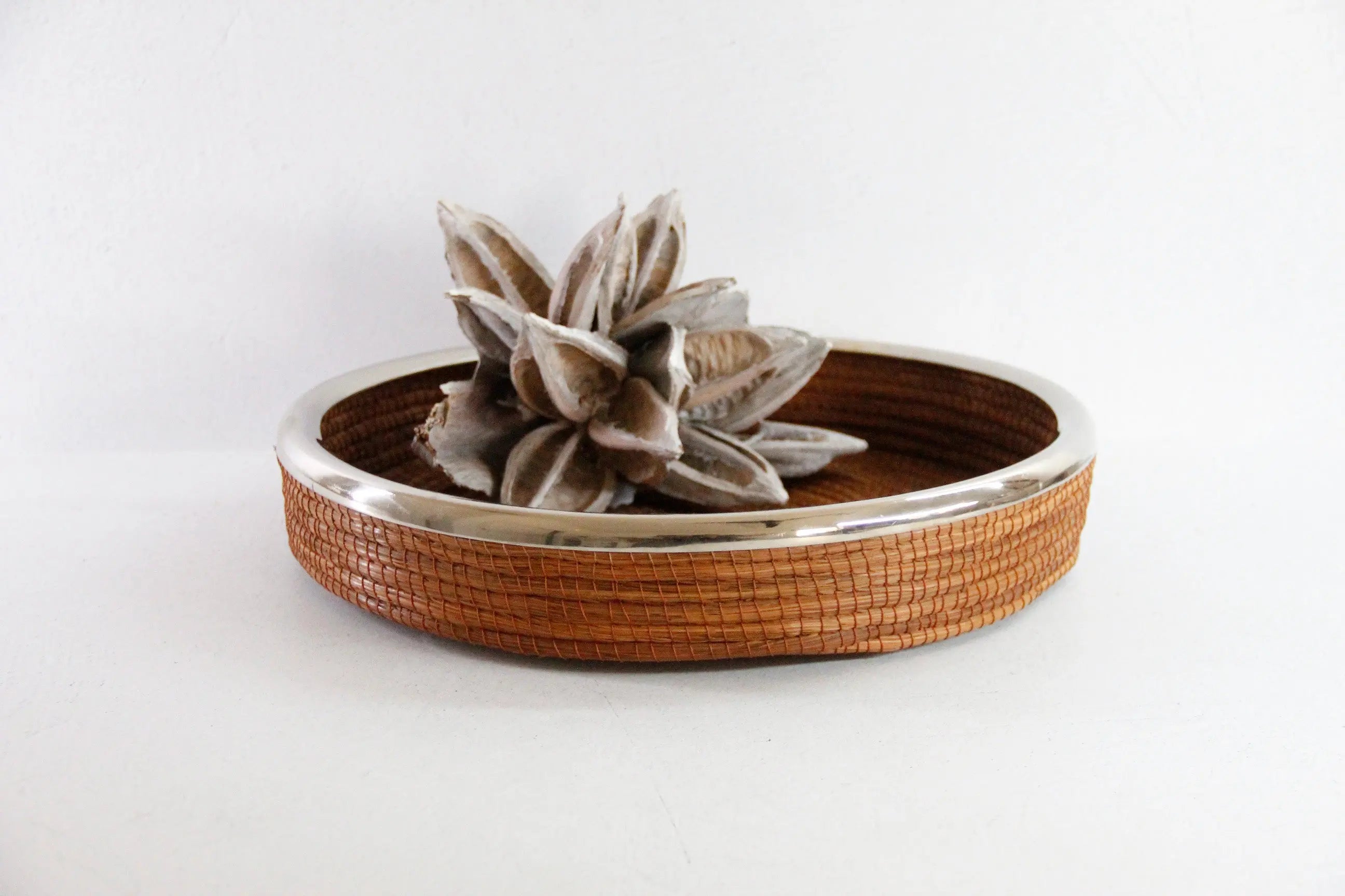 Vintage Pine Needle Basket With Nickel Trim | Midcentury  Debra Hall Lifestyle