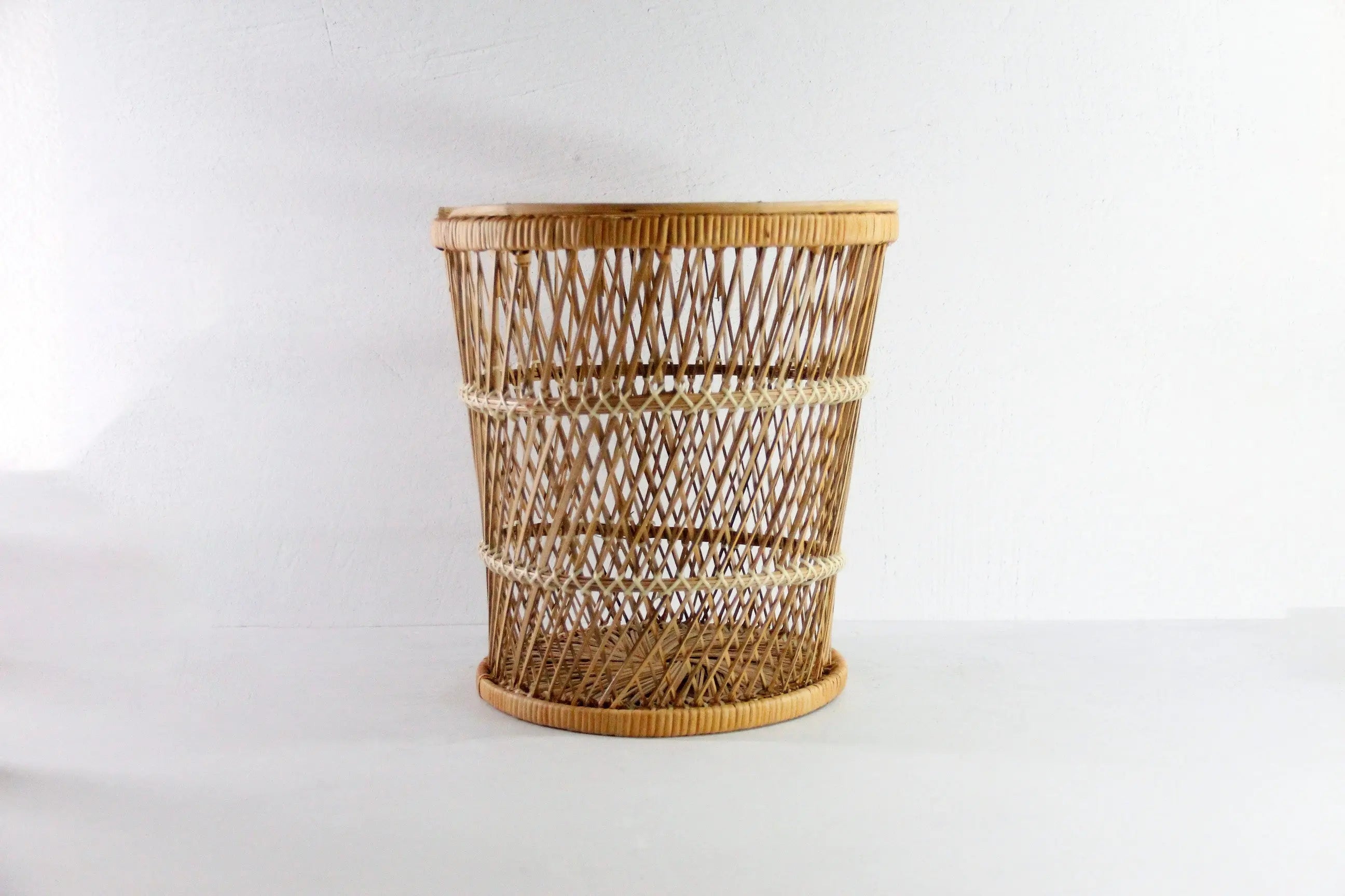 Vintage Rattan Basket | Waste Basket-Side Table Stand  Debra Hall Lifestyle