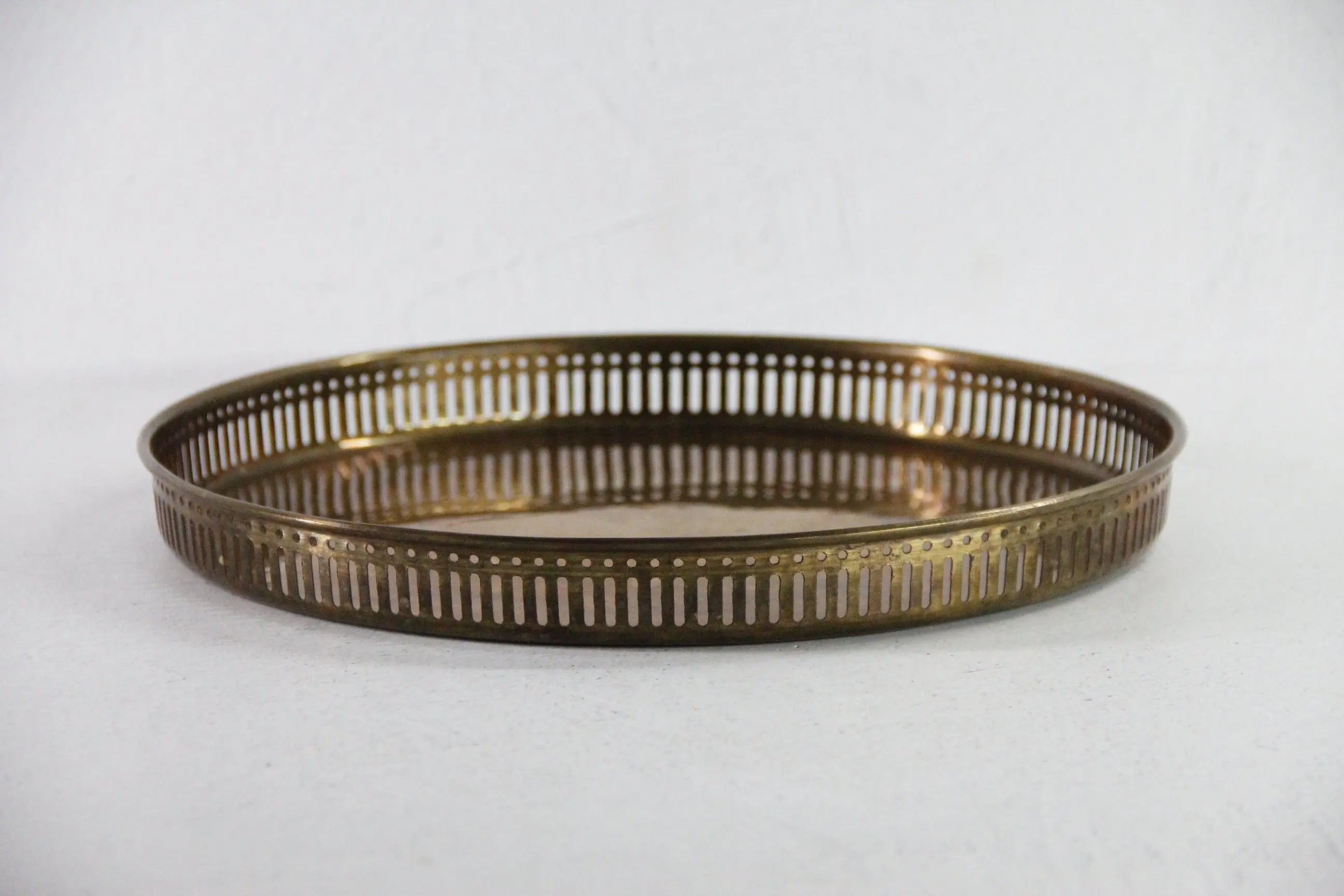 Vintage Round Brass Tray | Midcentury Reticulated Bar/Gallery 12"  Debra Hall Lifestyle
