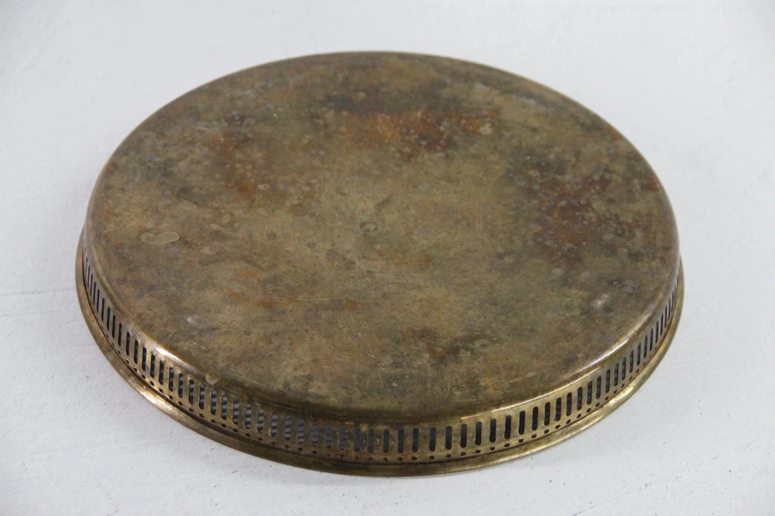 Vintage Round Brass Tray | Midcentury Reticulated Bar/Gallery 12"  Debra Hall Lifestyle
