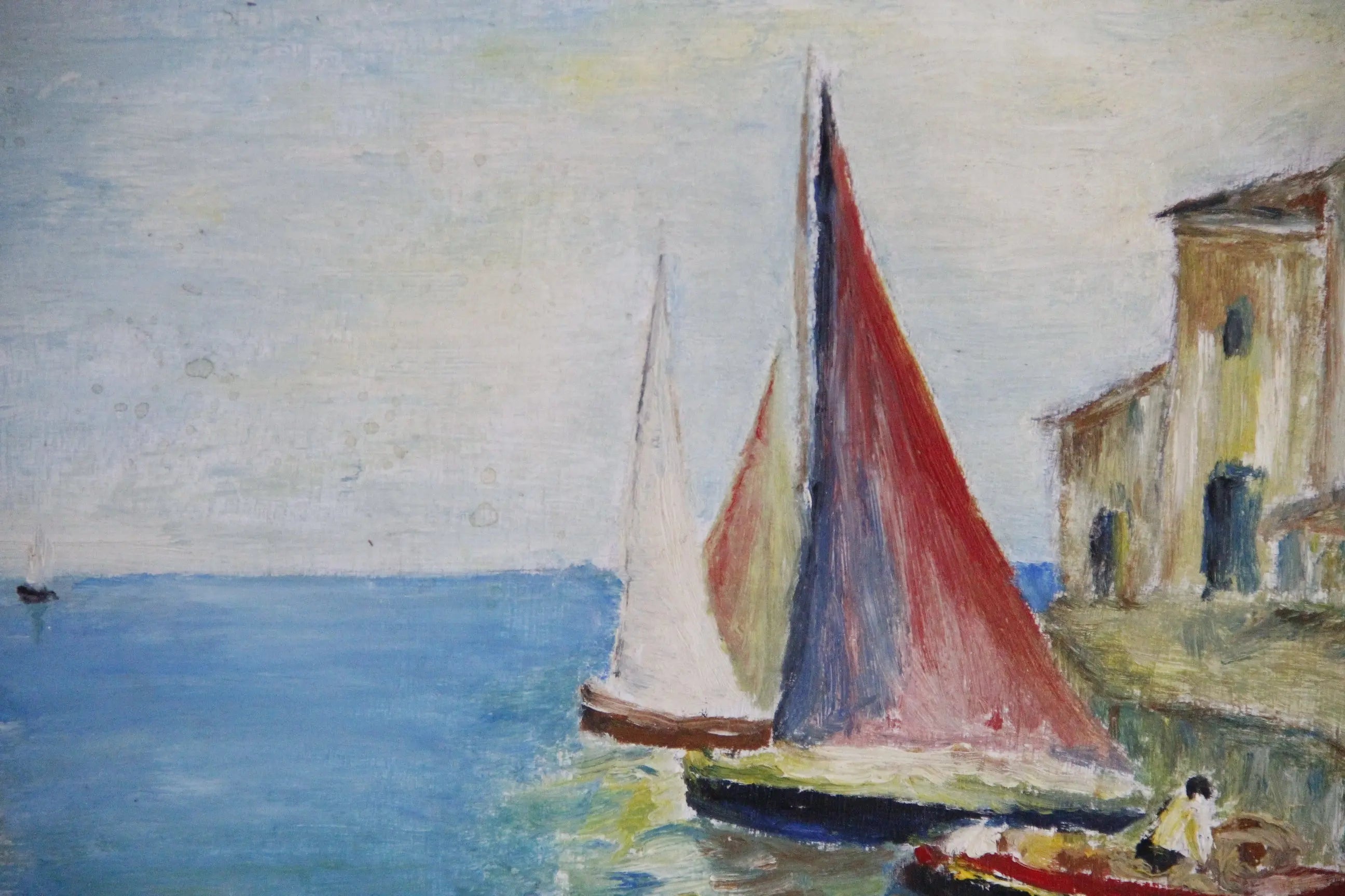 Vintage Seascape Oil Painting | Oil on Panel Harbor Boats  Debra Hall Lifestyle