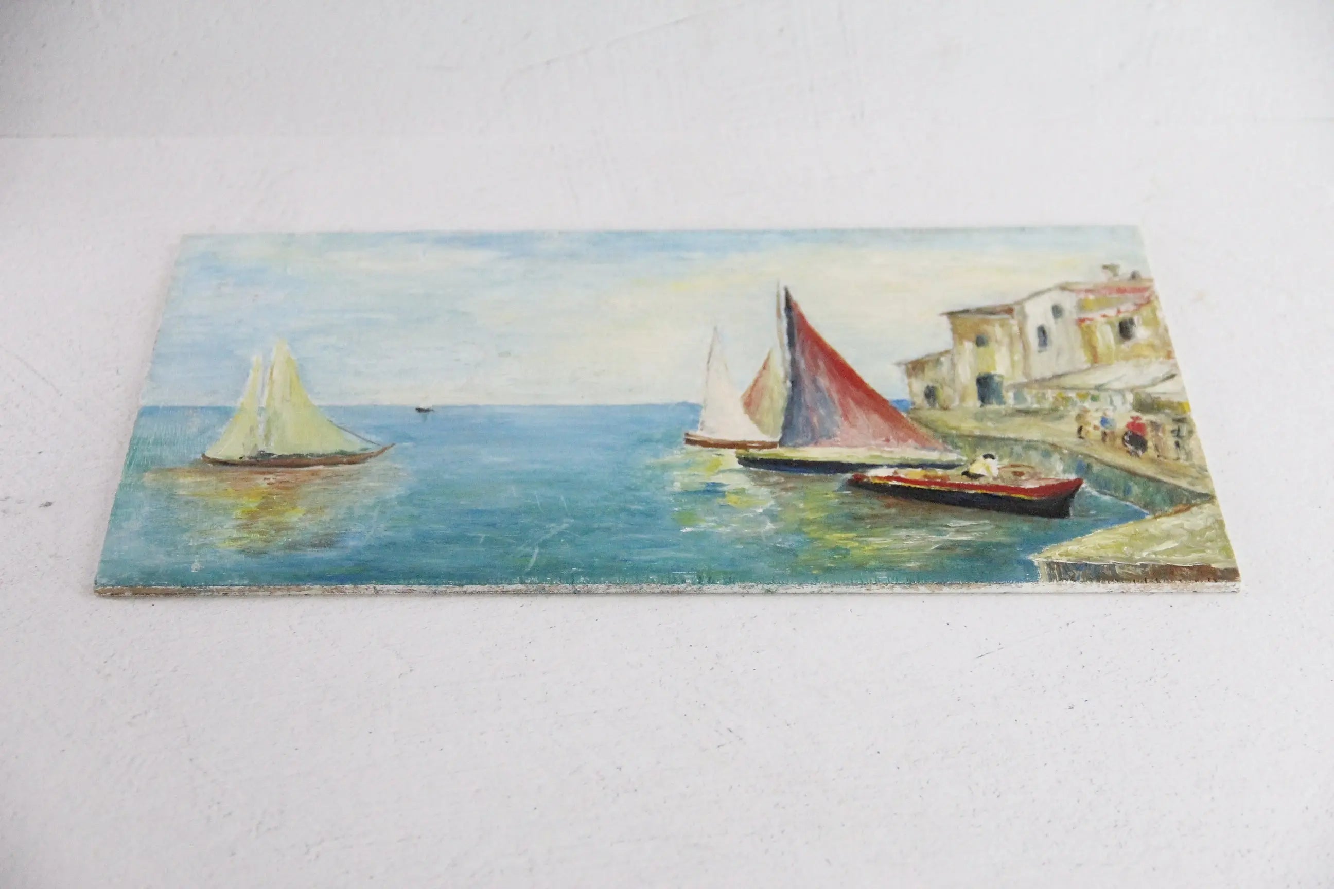Vintage Seascape Oil Painting | Oil on Panel Harbor Boats  Debra Hall Lifestyle