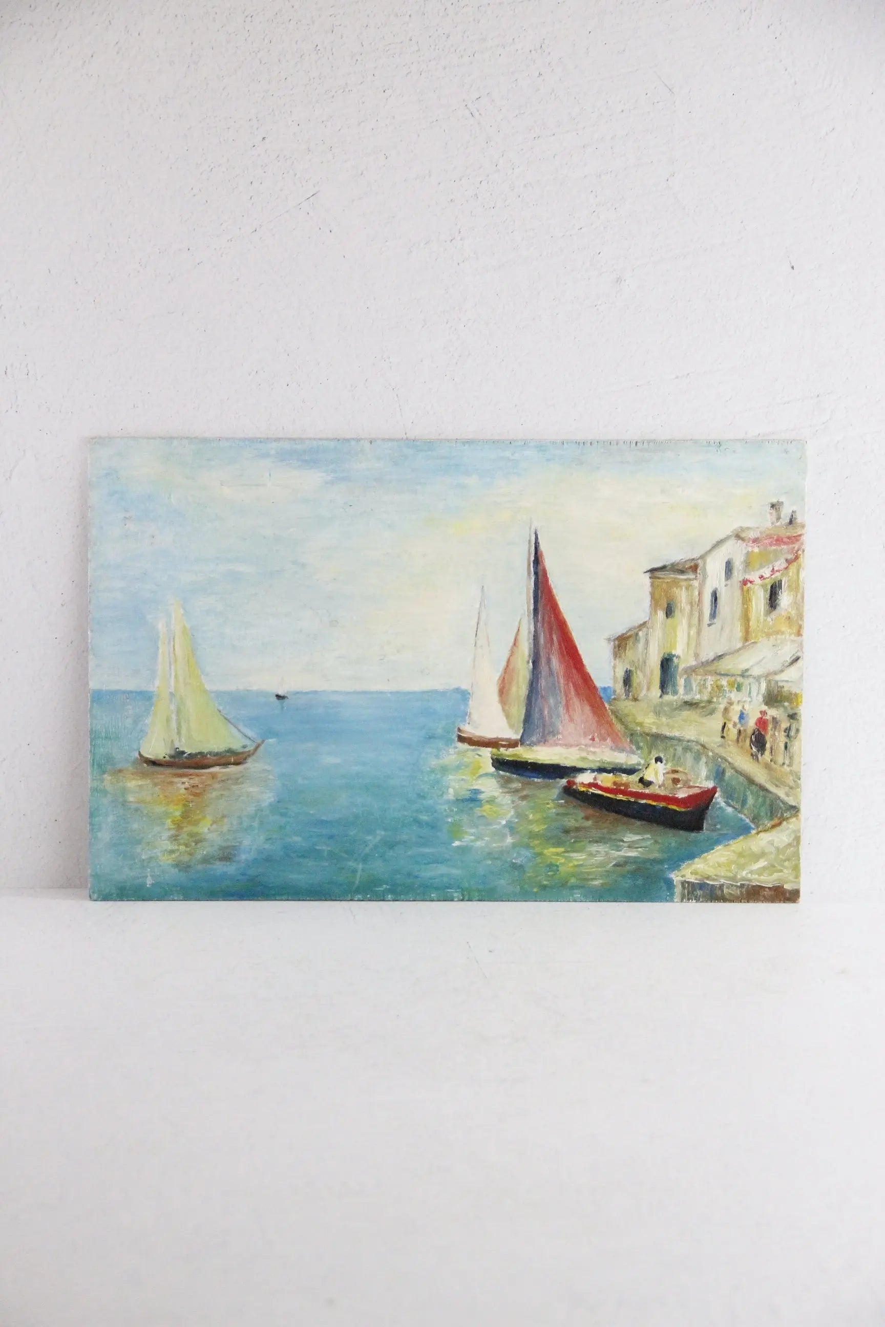 Vintage Seascape Oil Painting | Oil on Panel Harbor Boats  Debra Hall Lifestyle