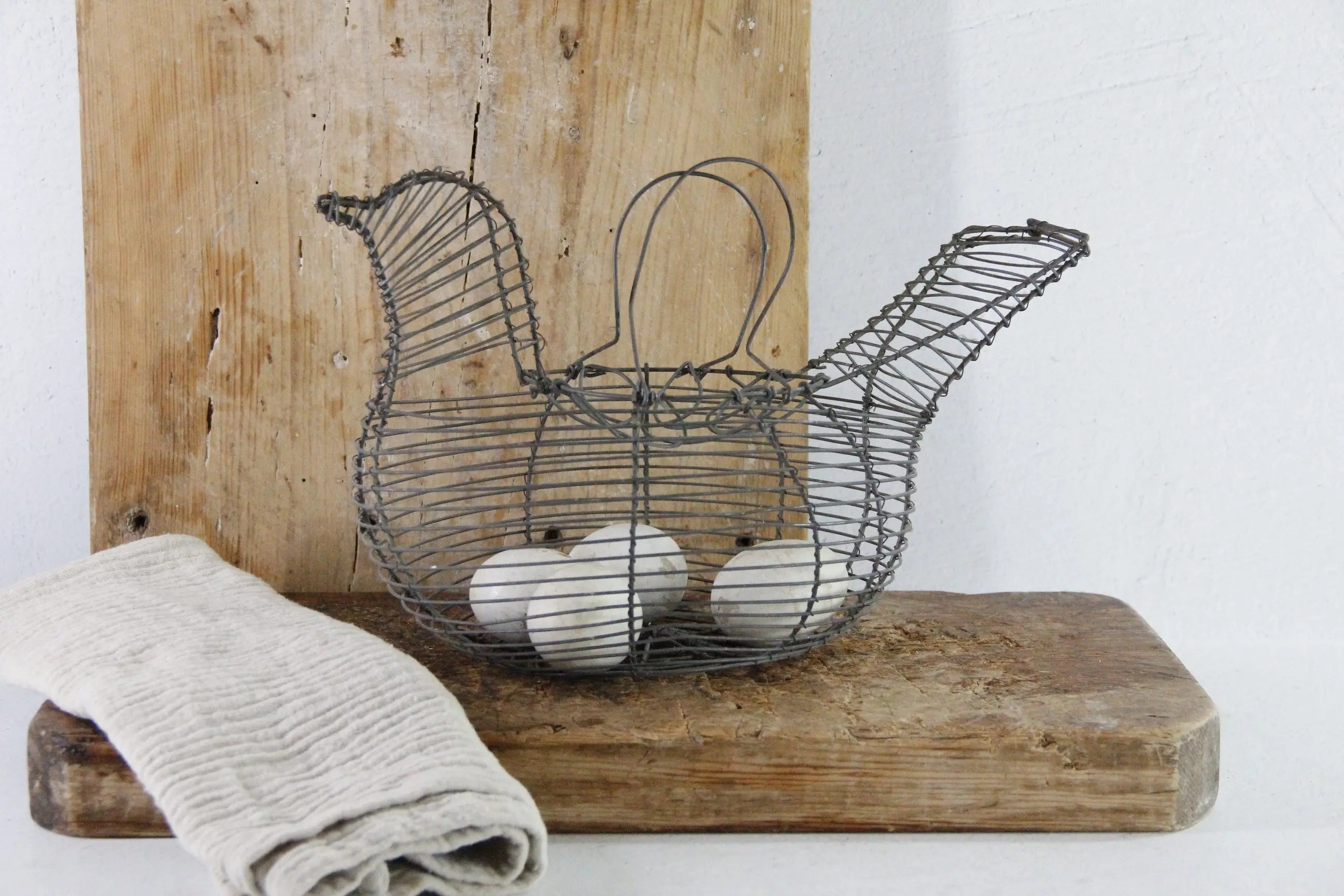 Vintage Wire Egg Basket | Primitive Hand Made Metal Chicken