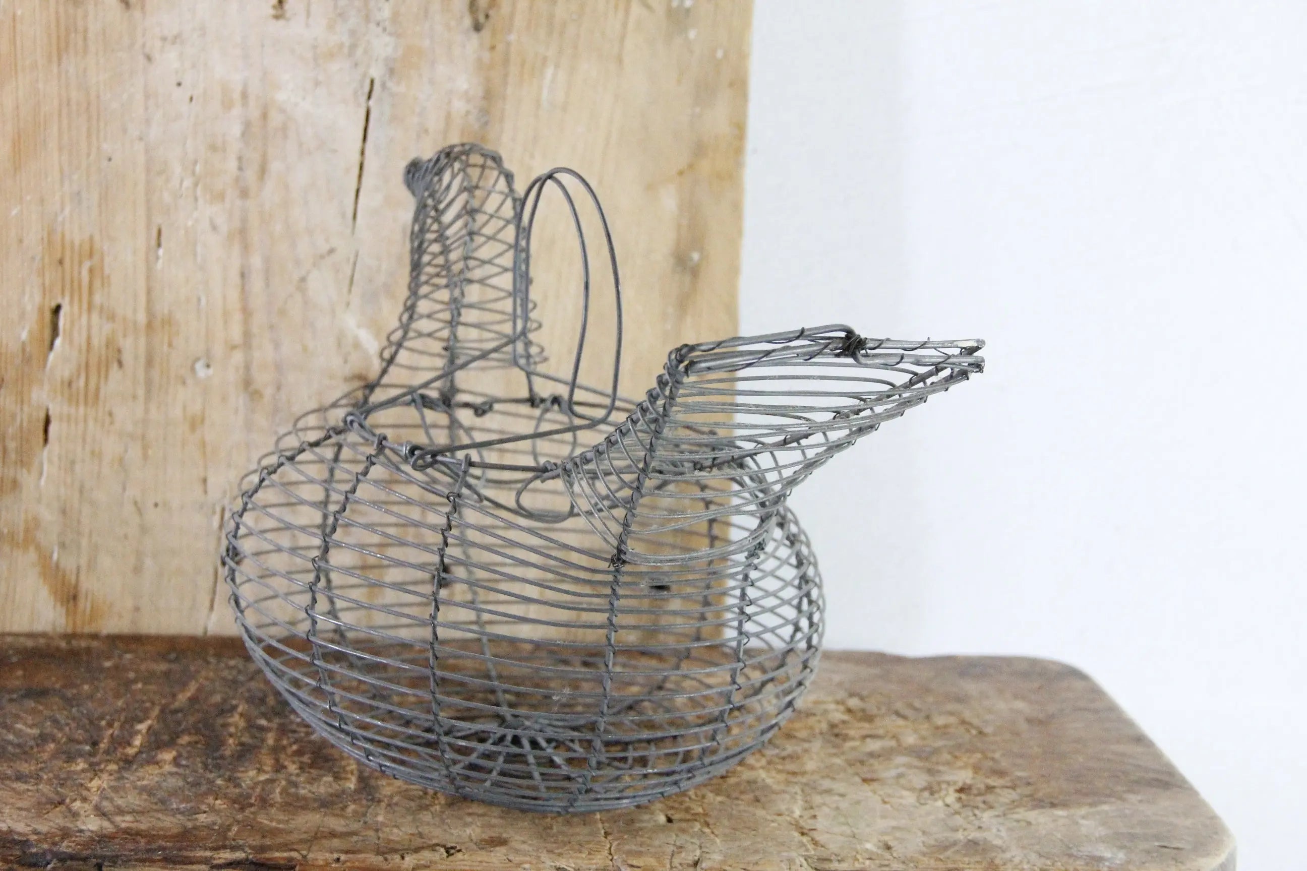 Vintage Wire Egg Basket | Primitive Hand Made Metal Chicken