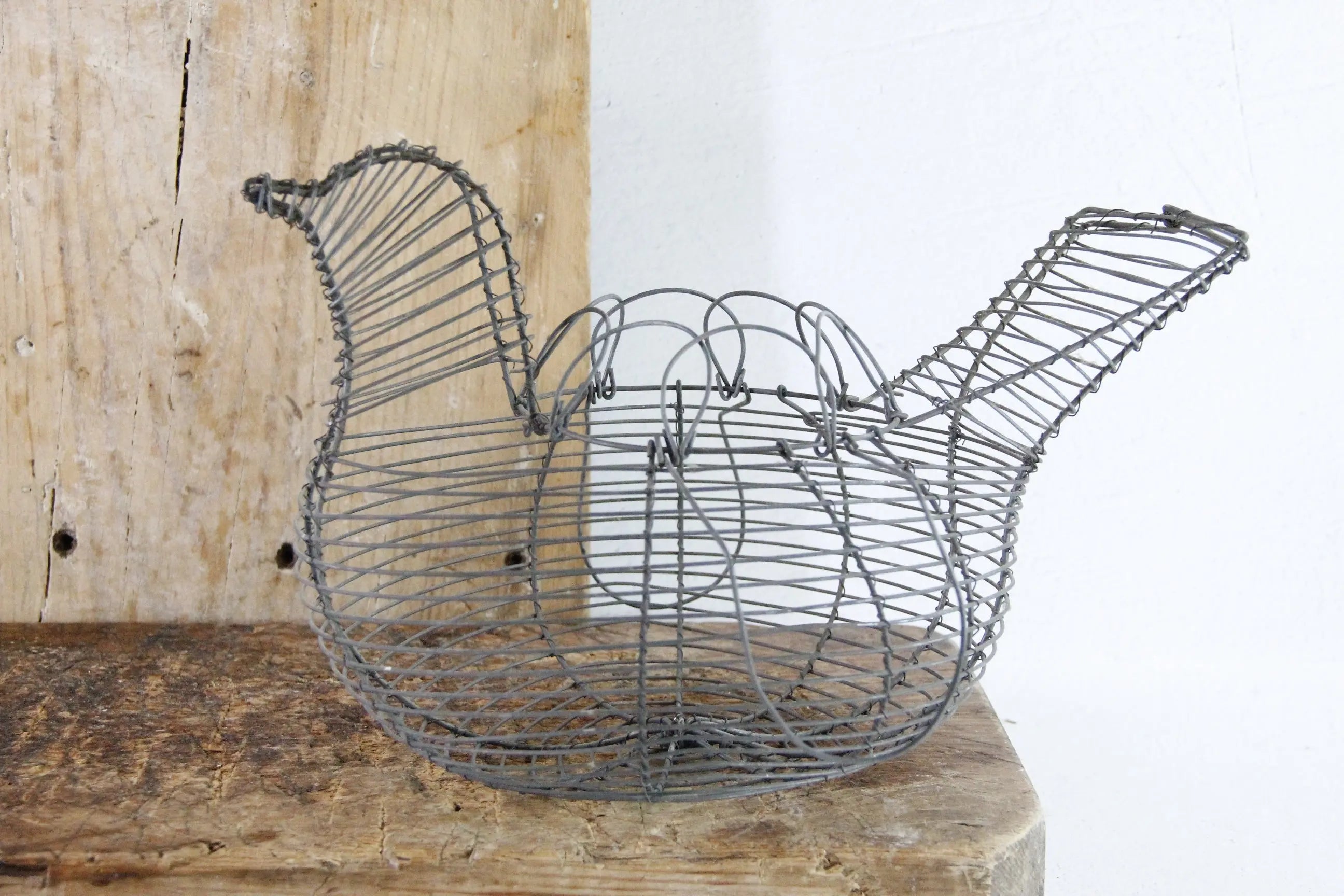 Vintage Wire Egg Basket | Primitive Hand Made Metal Chicken