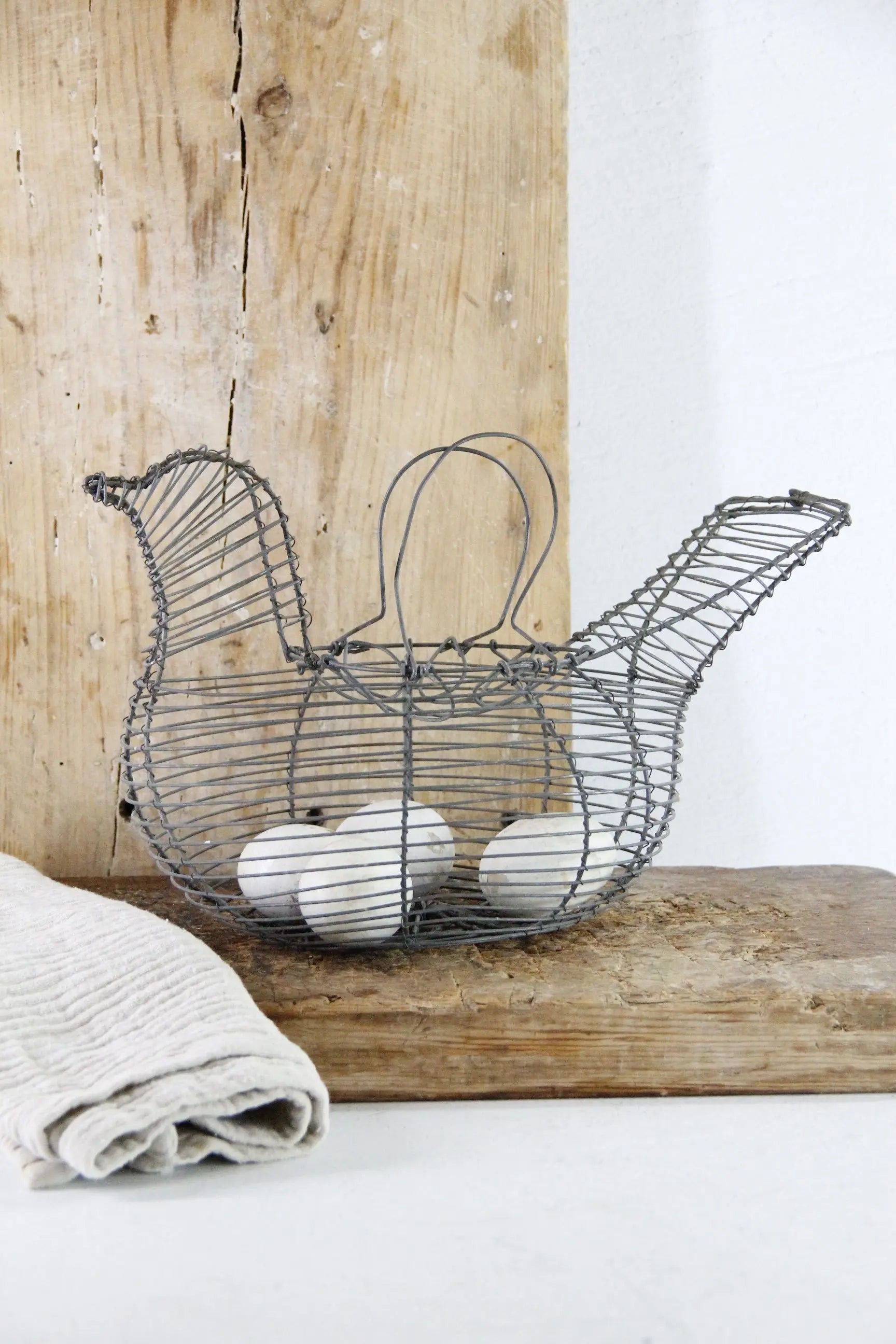 Vintage Wire Egg Basket | Primitive Hand Made Metal Chicken