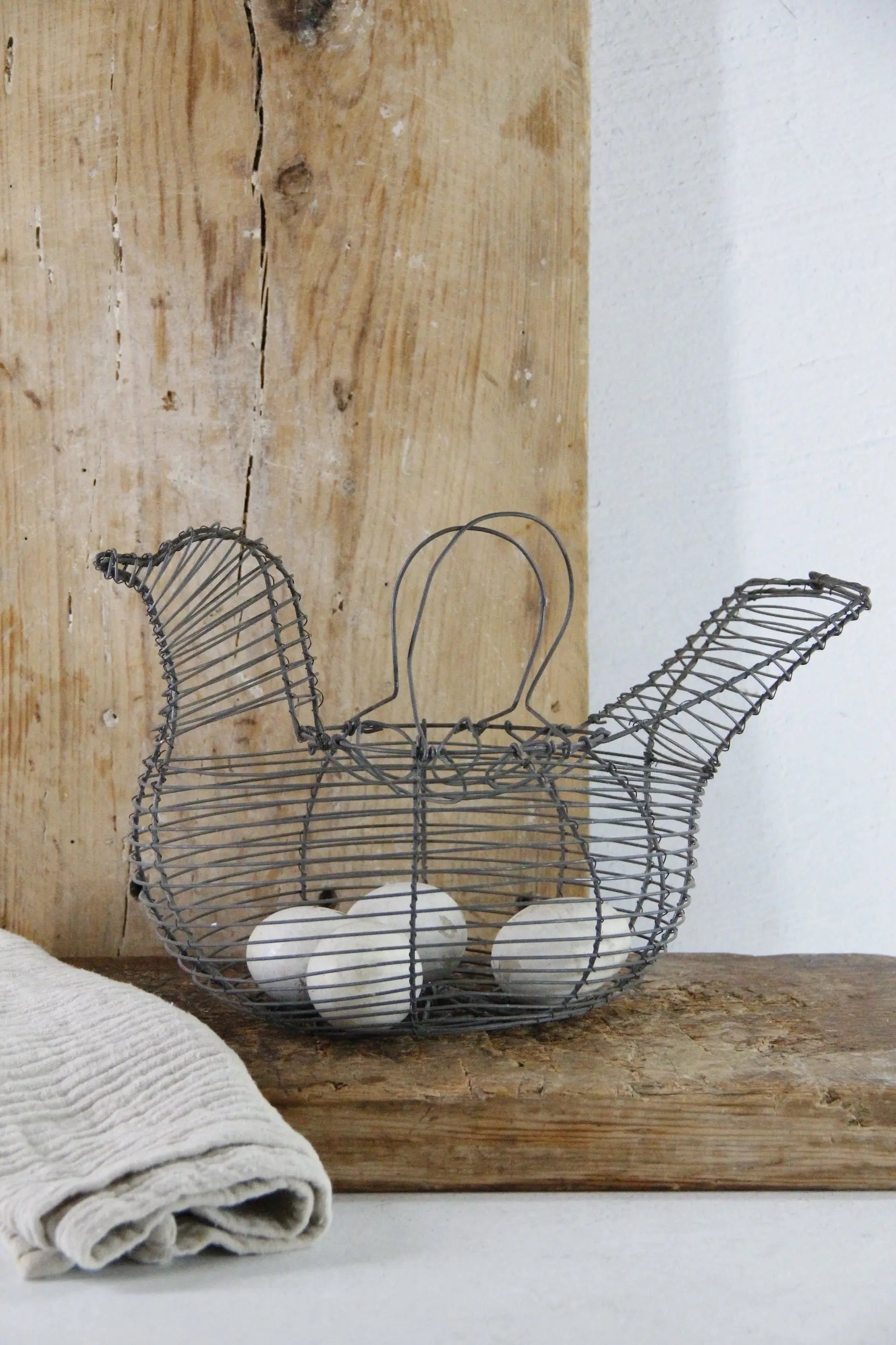 Vintage Wire Egg Basket | Primitive Hand Made Metal Chicken