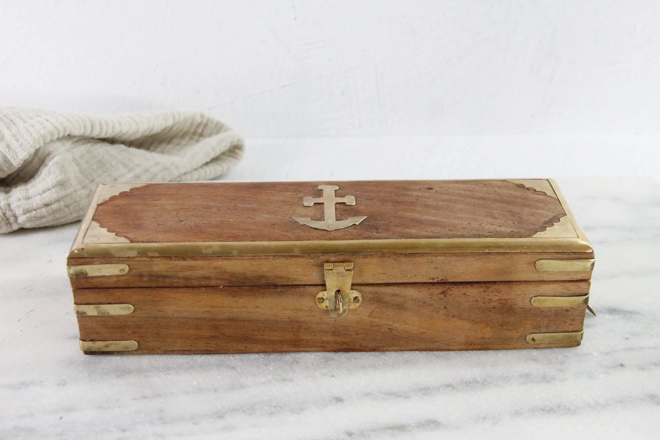 Vintage Wooden Box With Hinged Lid | Nautical Brass Inlay