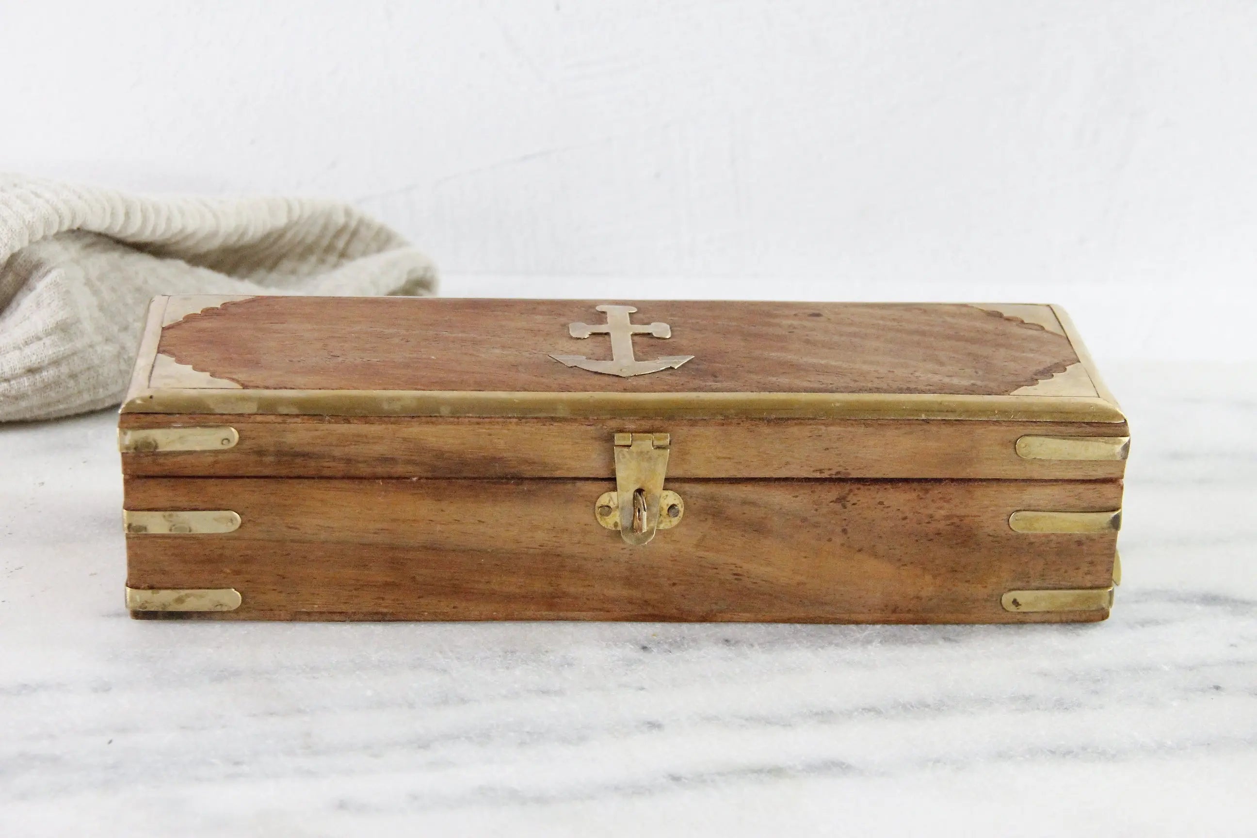 Vintage Wooden Box With Hinged Lid | Nautical Brass Inlay