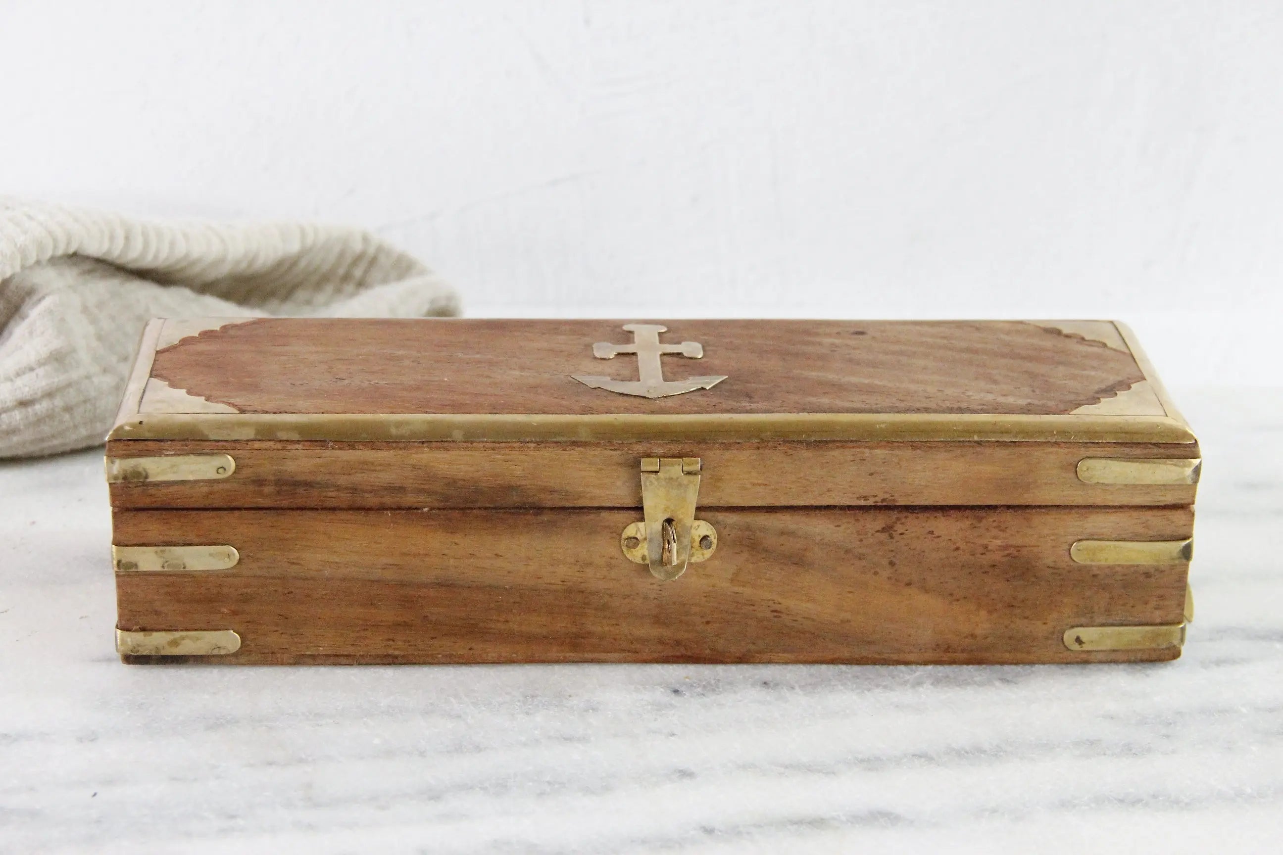 Vintage Wooden Box With Hinged Lid | Nautical Brass Inlay
