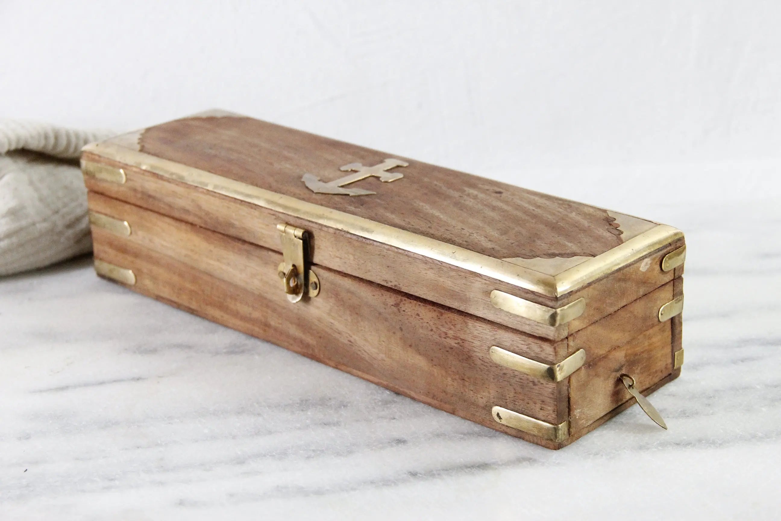 Vintage Wooden Box With Hinged Lid | Nautical Brass Inlay