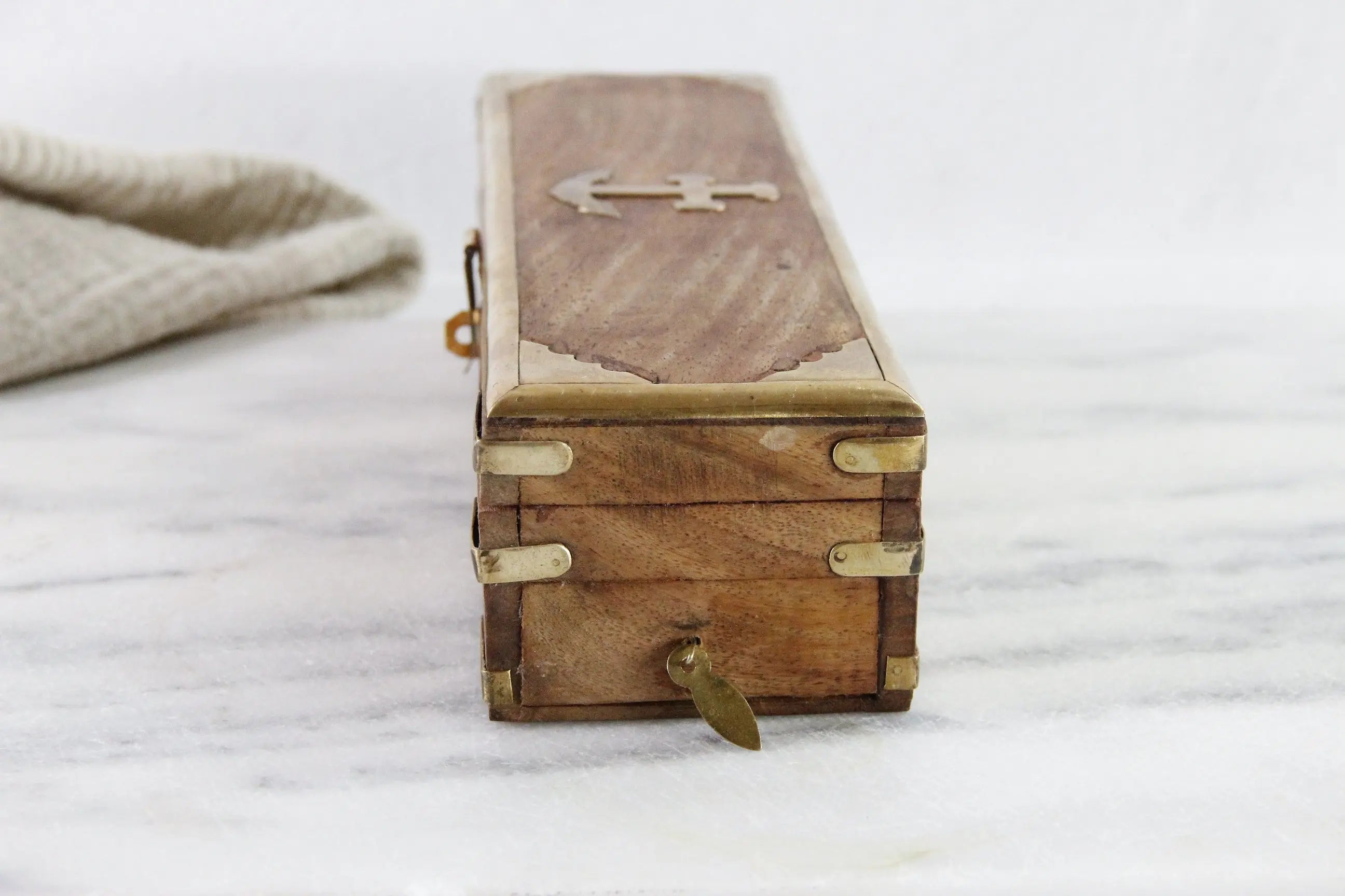 Vintage Wooden Box With Hinged Lid | Nautical Brass Inlay