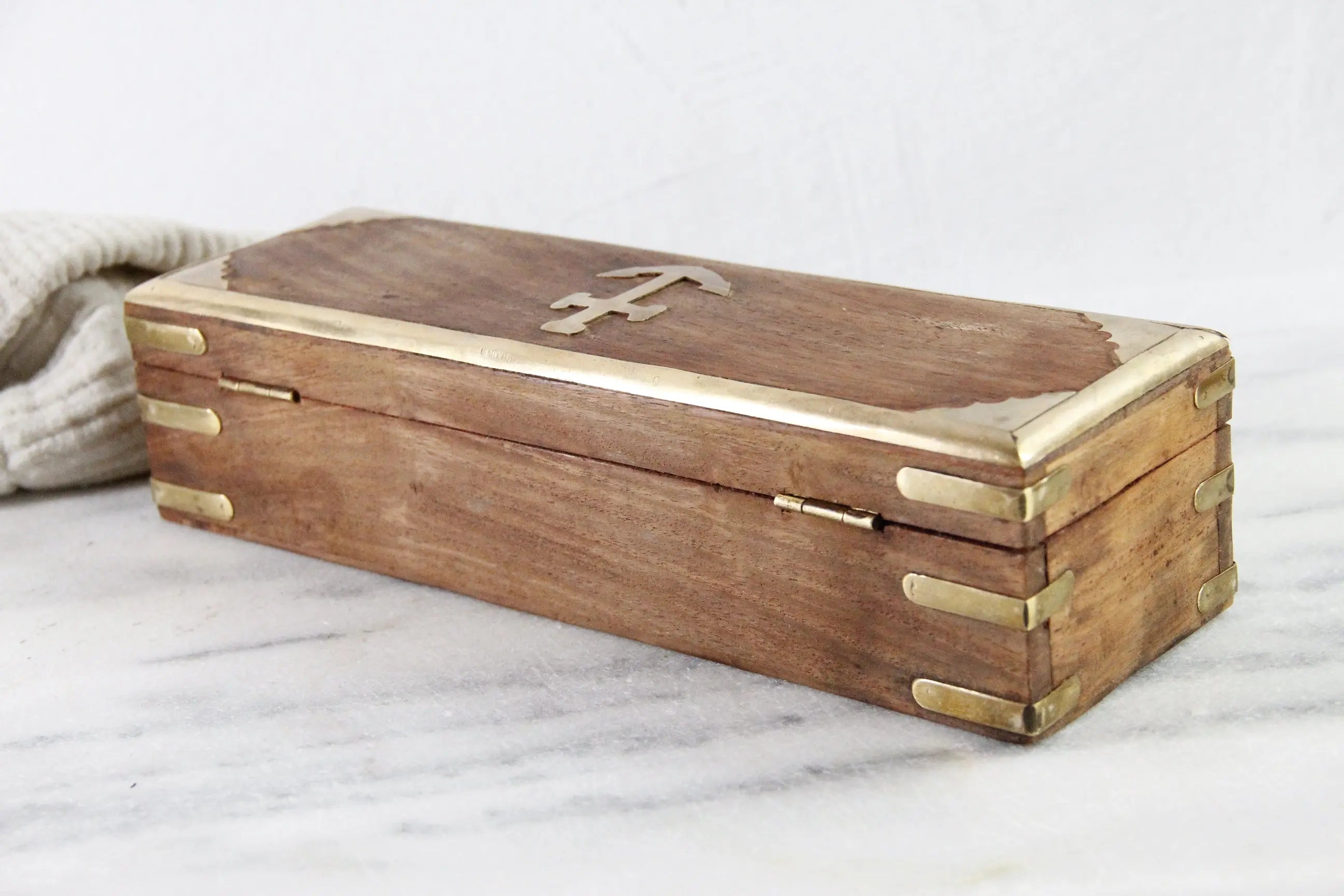 Vintage Wooden Box With Hinged Lid | Nautical Brass Inlay