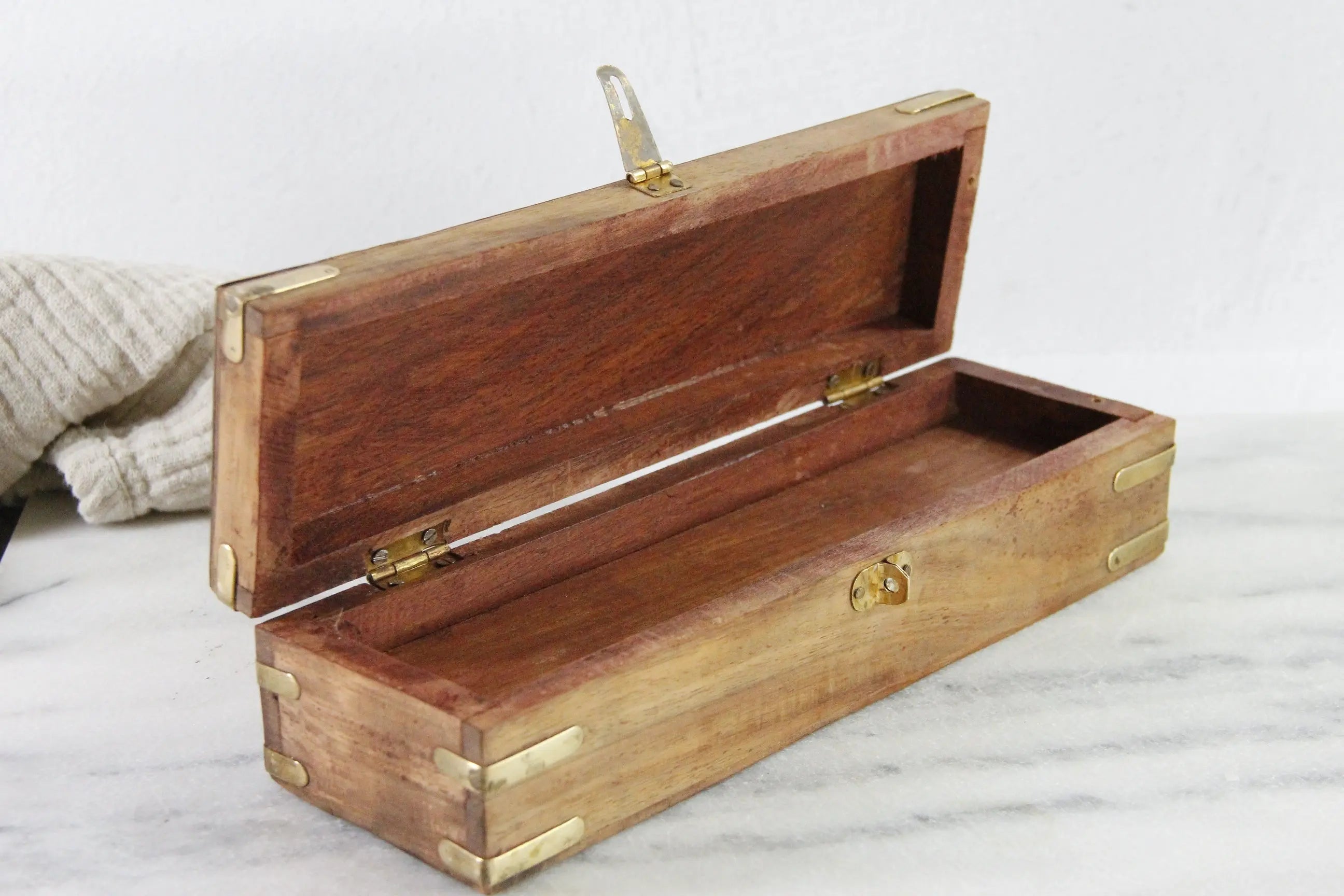 Vintage Wooden Box With Hinged Lid | Nautical Brass Inlay