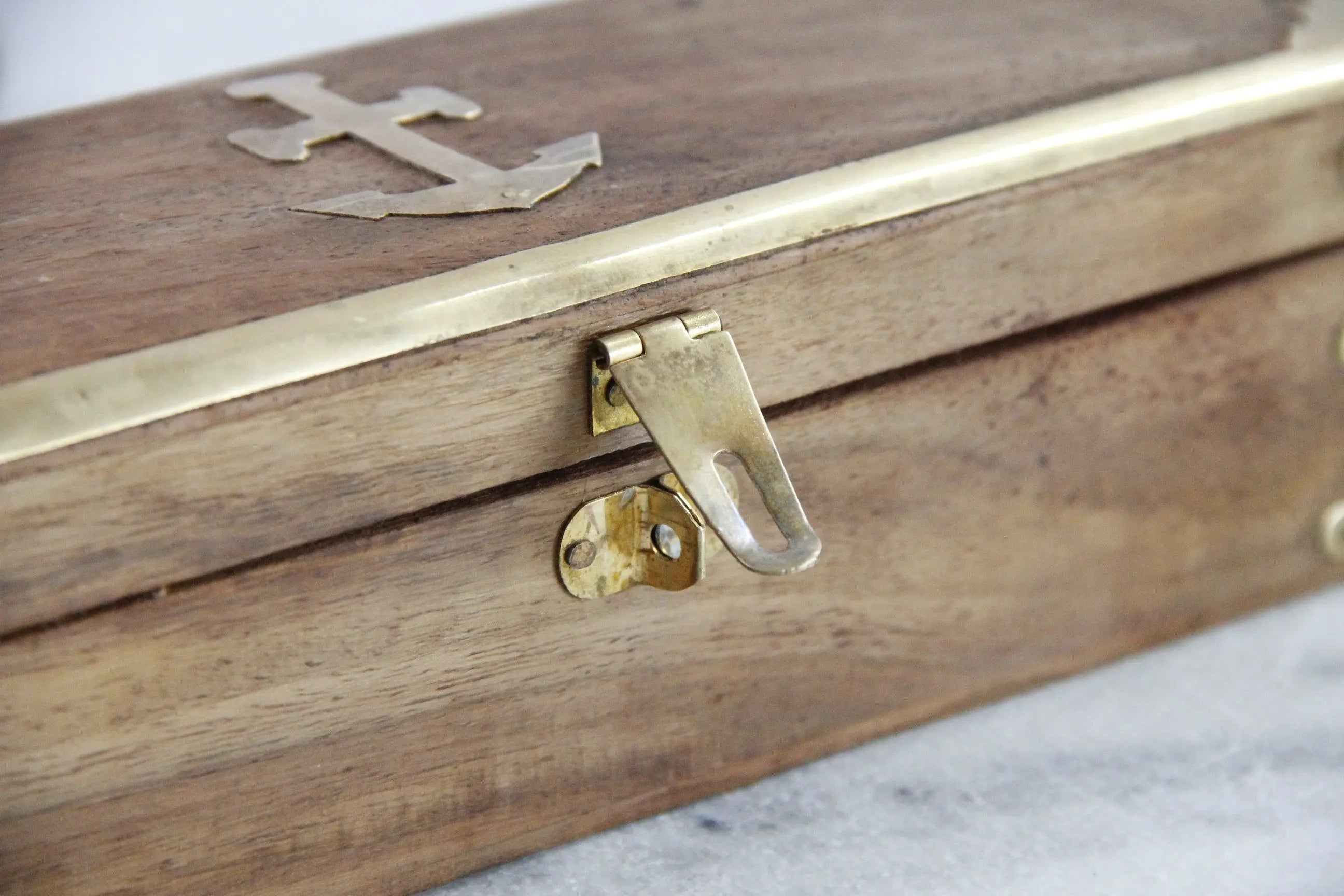 Vintage Wooden Box With Hinged Lid | Nautical Brass Inlay
