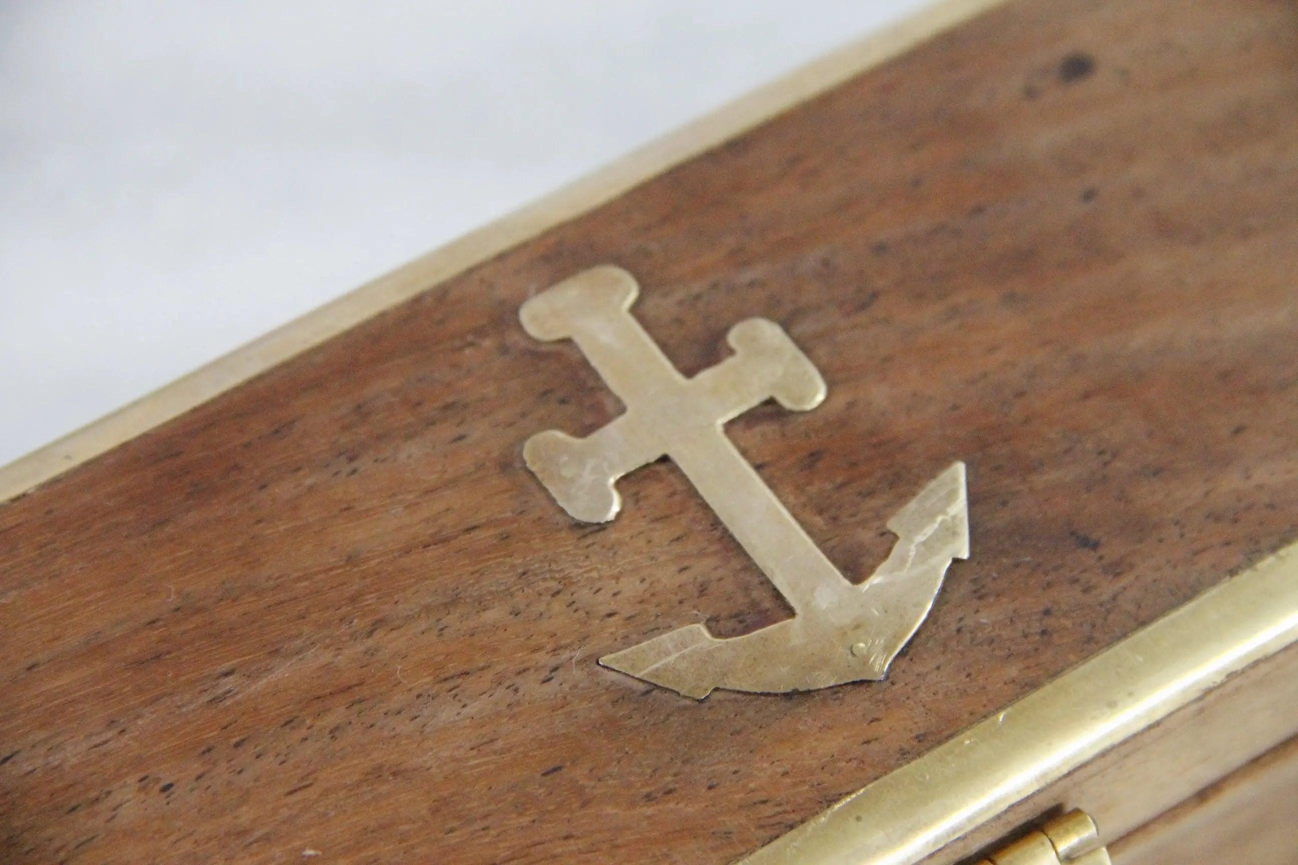 Vintage Wooden Box With Hinged Lid | Nautical Brass Inlay