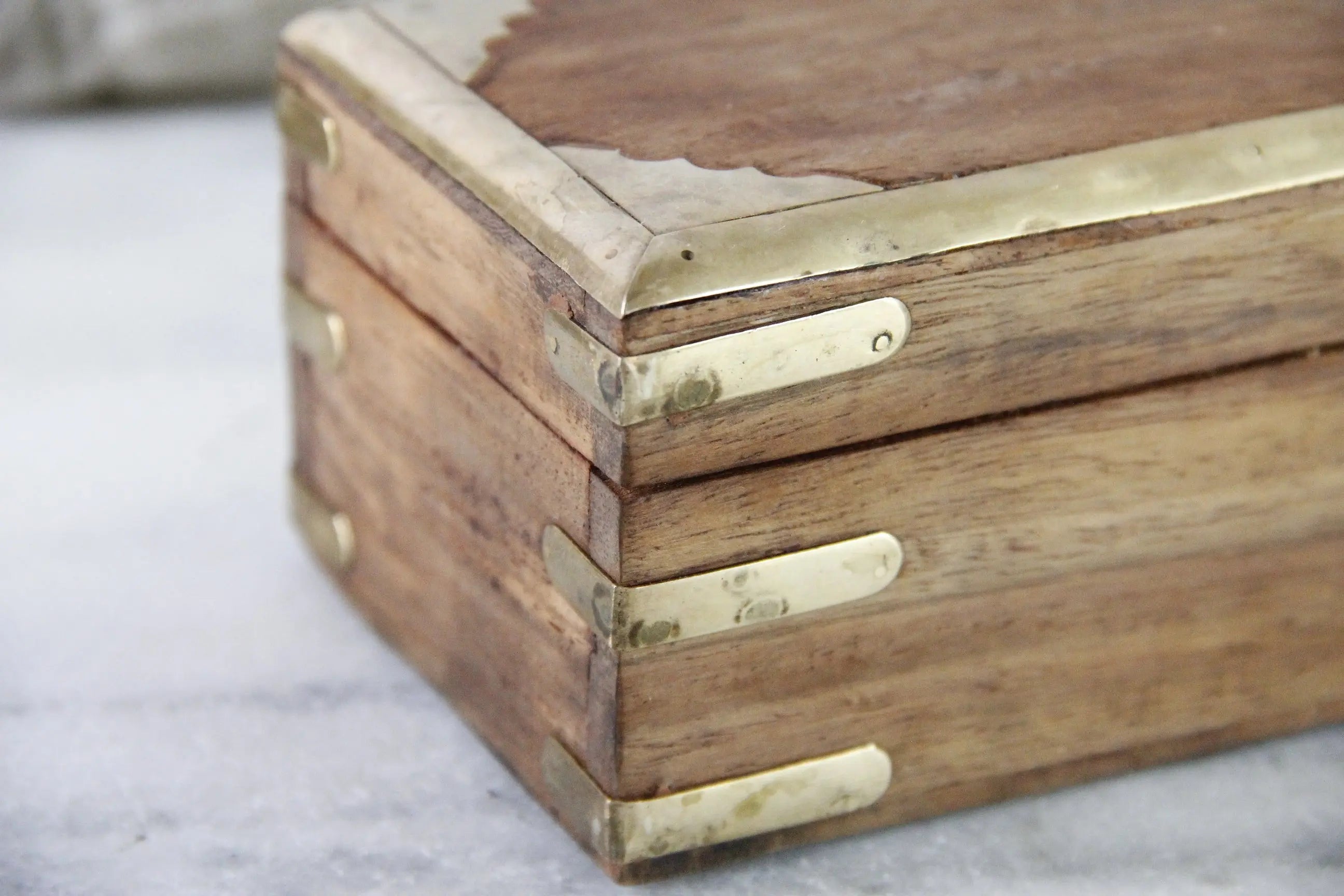 Vintage Wooden Box With Hinged Lid | Nautical Brass Inlay