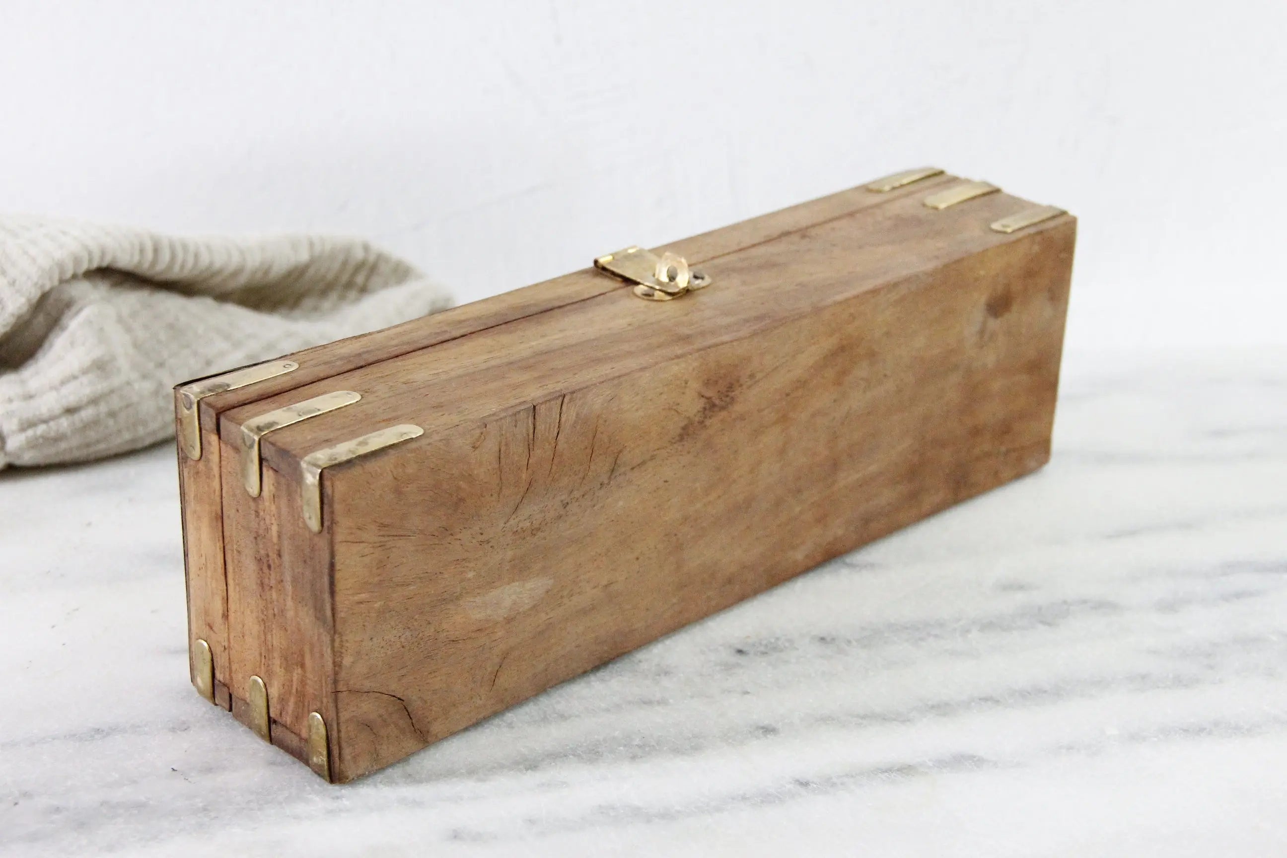 Vintage Wooden Box With Hinged Lid | Nautical Brass Inlay